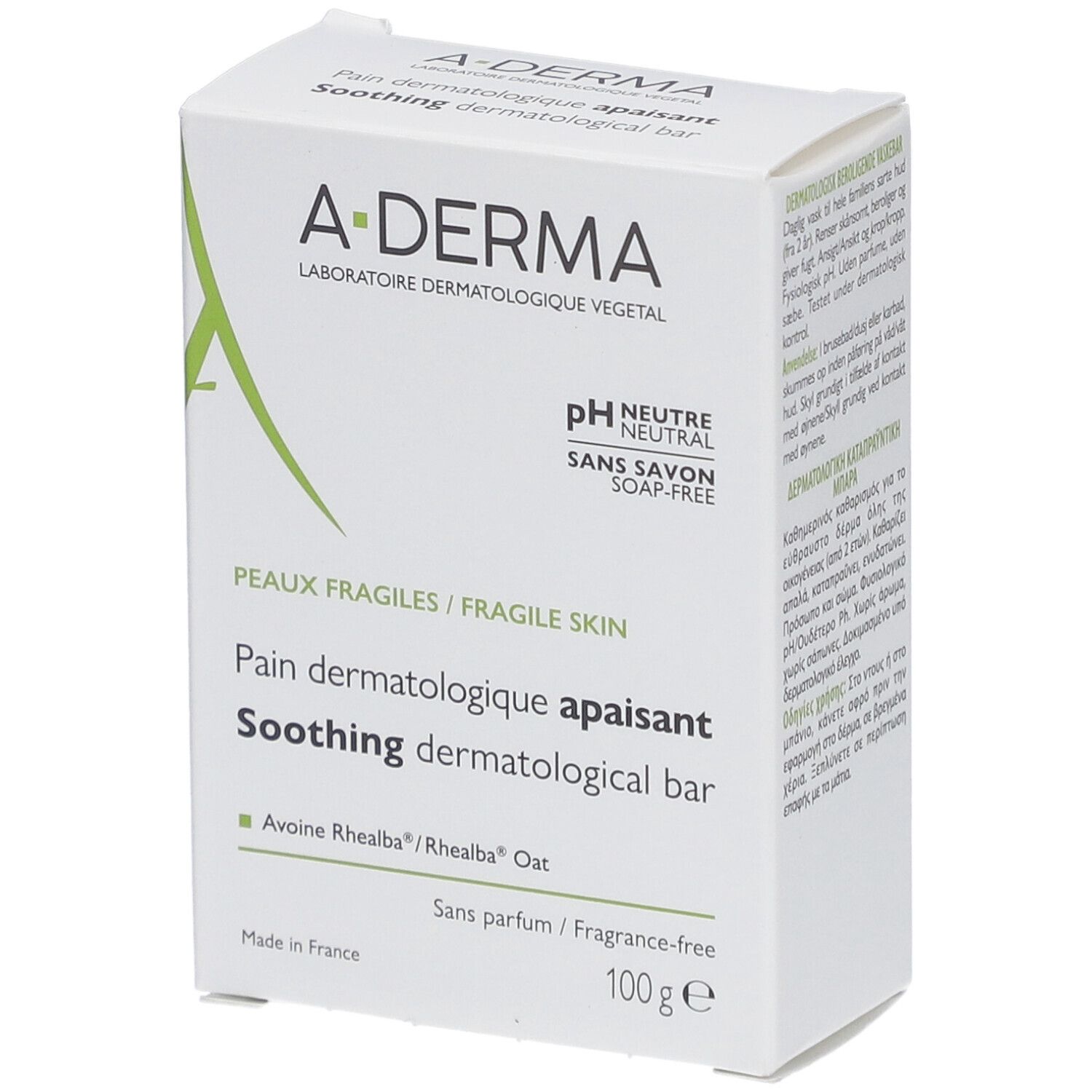 Witte A-DERMA doos. Opschrift: Pain dermatologique apaisant. Bevat 100g. Voor fragiele huid. Zonder parfum, zonder zeep.
