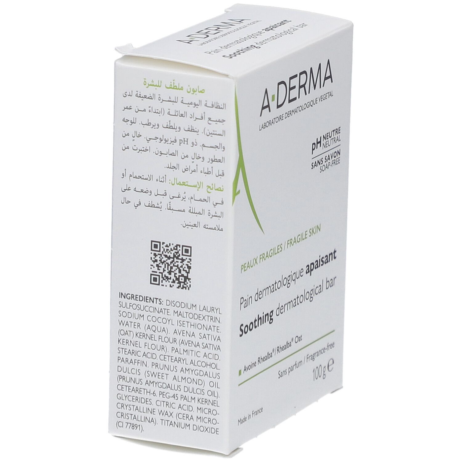 Witte A-DERMA doos. Ingrediënten en QR-code. Voor fragiele huid. Opschrift: Pain dermatologique apaisant.