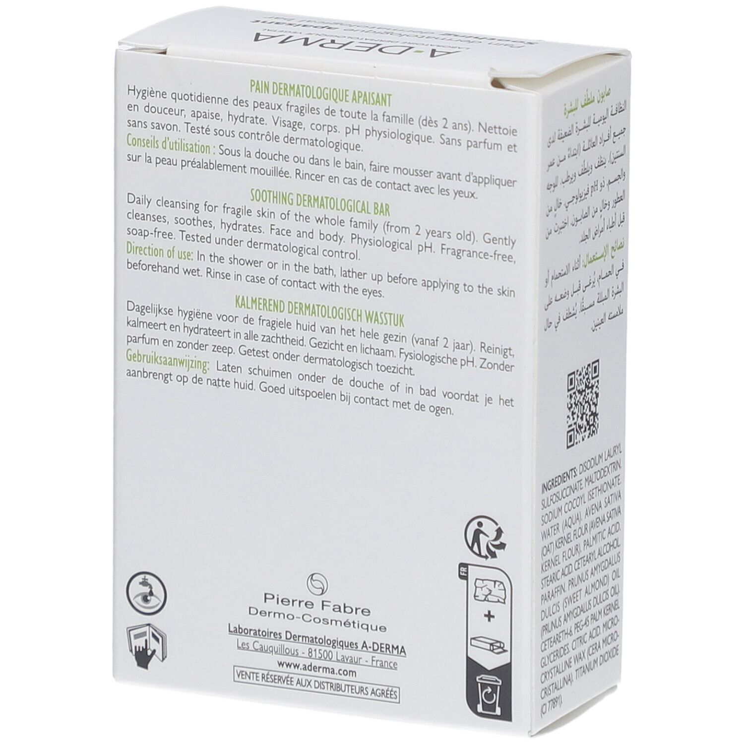 Achterkant van de witte A-DERMA doos. Meertalige tekst. Gebruiksinformatie. Opschrift: Pain dermatologique apaisant.
