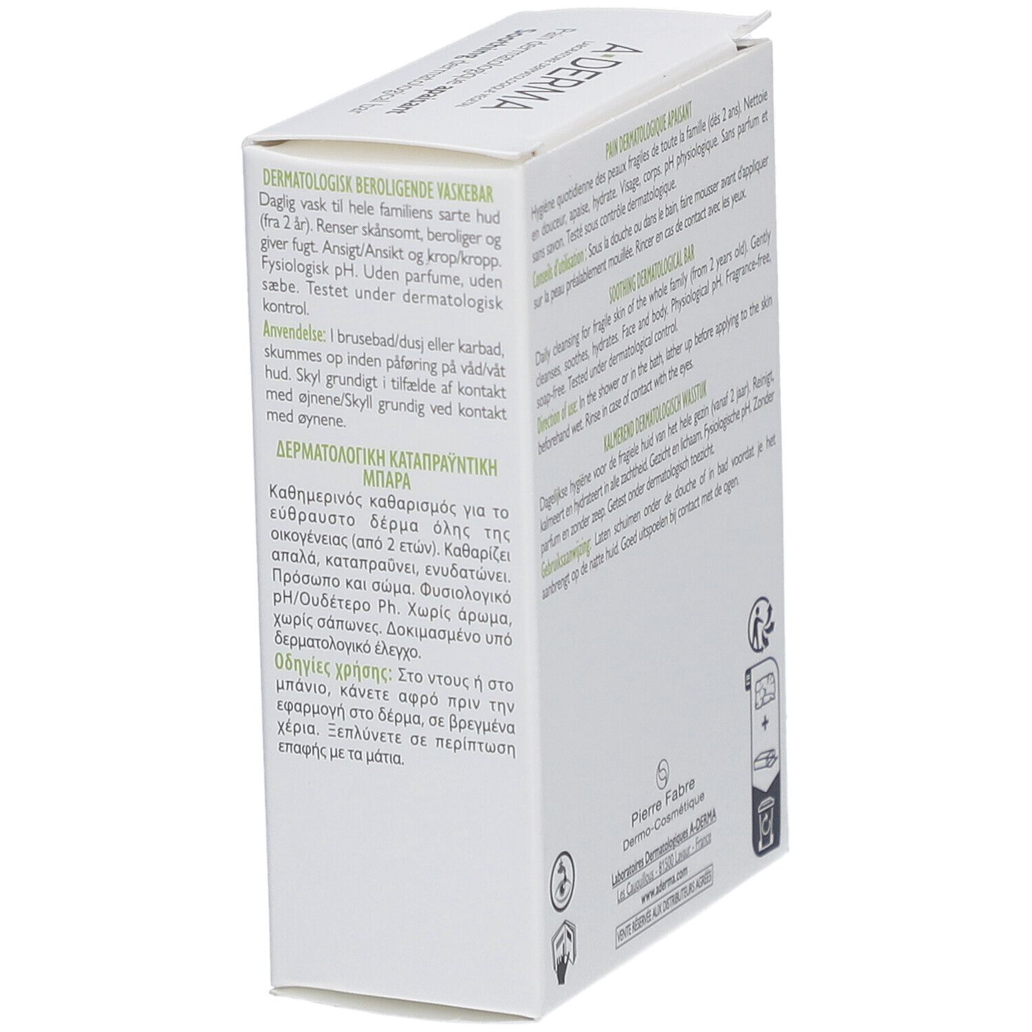 Zijaanzicht van de witte A-DERMA doos. Meertalige tekst. Gebruiksinformatie. Opschrift: Pain dermatologique apaisant.