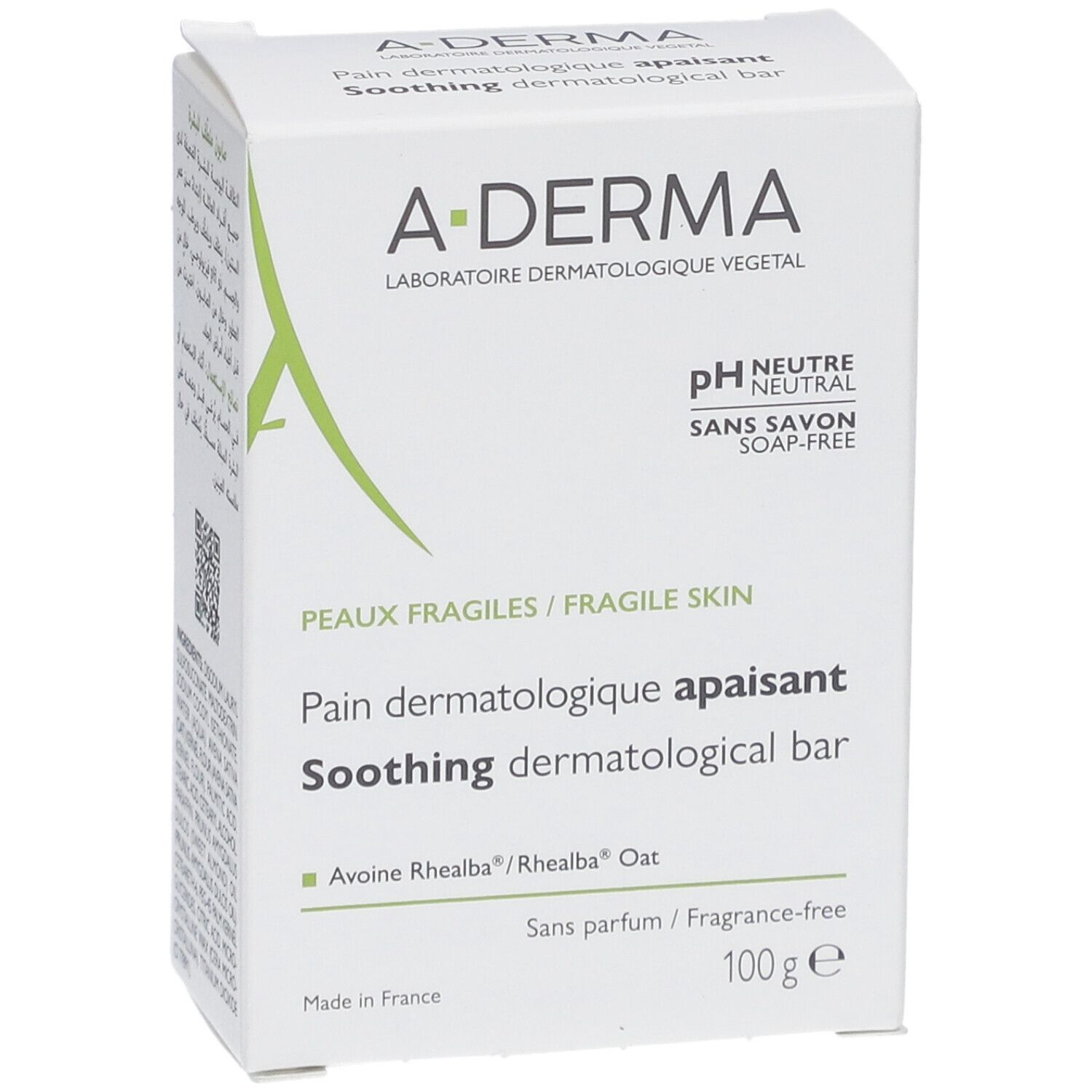 Witte A-DERMA doos. Opschrift: Pain dermatologique apaisant. Bevat 100g. Voor fragiele huid. Zonder parfum, zonder zeep.