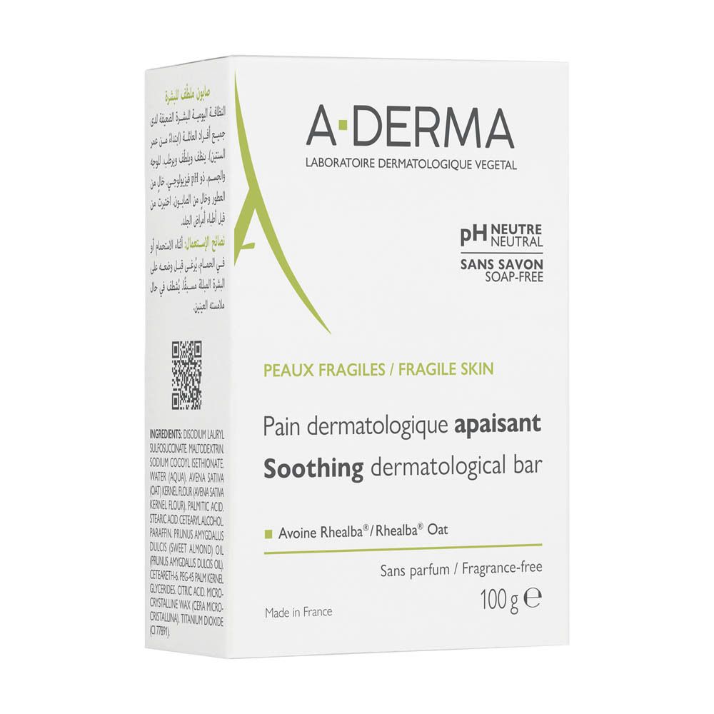 Witte A-DERMA doos. Ingrediënten en QR-code. Voor fragiele huid. Opschrift: Pain dermatologique apaisant.