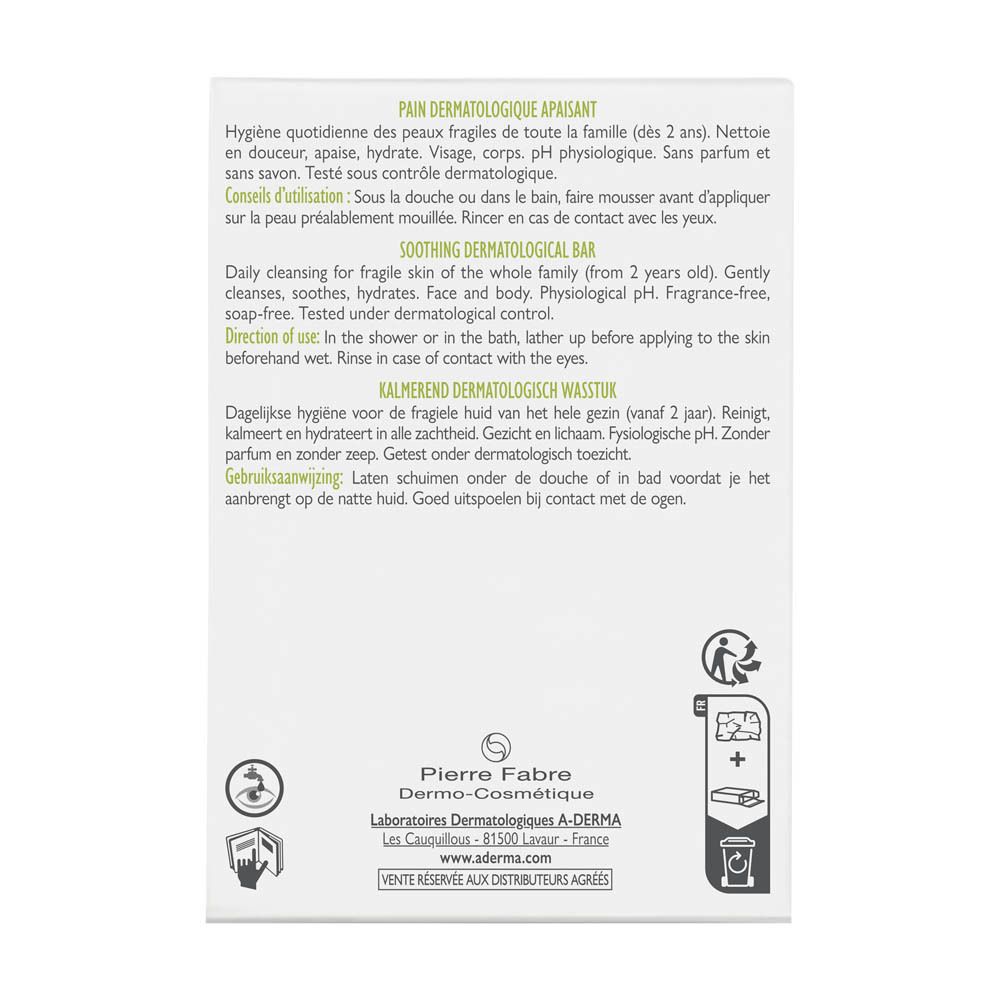 Achterkant van de witte A-DERMA doos. Meertalige tekst. Gebruiksinformatie. Opschrift: Pain dermatologique apaisant.