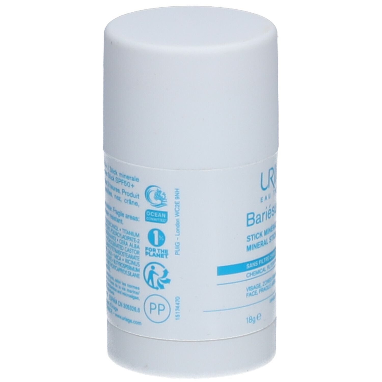 Witte stick. Achterkant met tekst en logo's. Uriage Bariésun SPF 50+. Zonder chemische filter. 18g e. Voor de planeet, Ocean respect.
