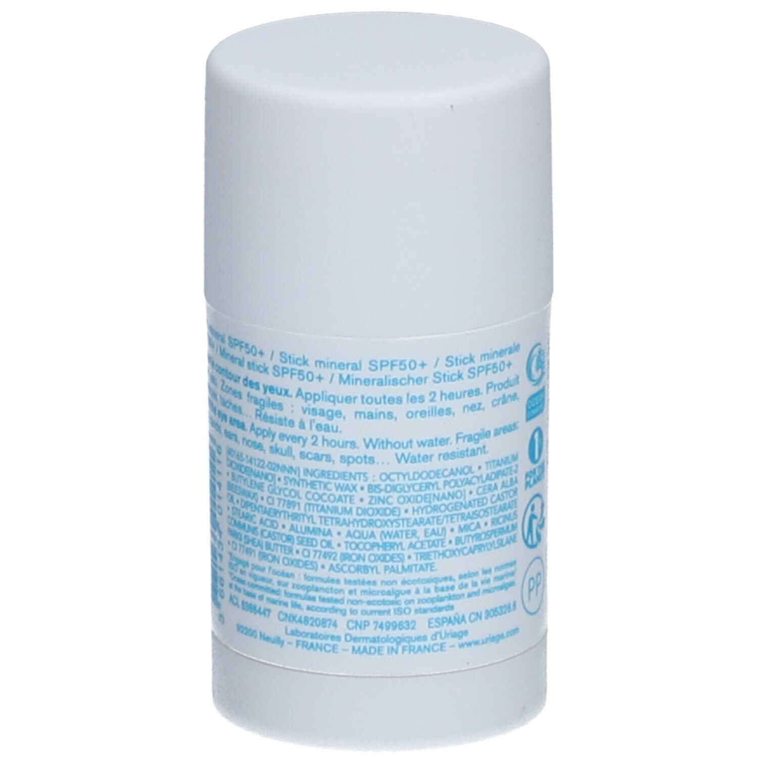 Witte stick. Achterkant met tekst. Uriage Bariésun SPF 50+. Zonder chemische filter. Ingrediënten, toepassing. Gemaakt in Frankrijk.