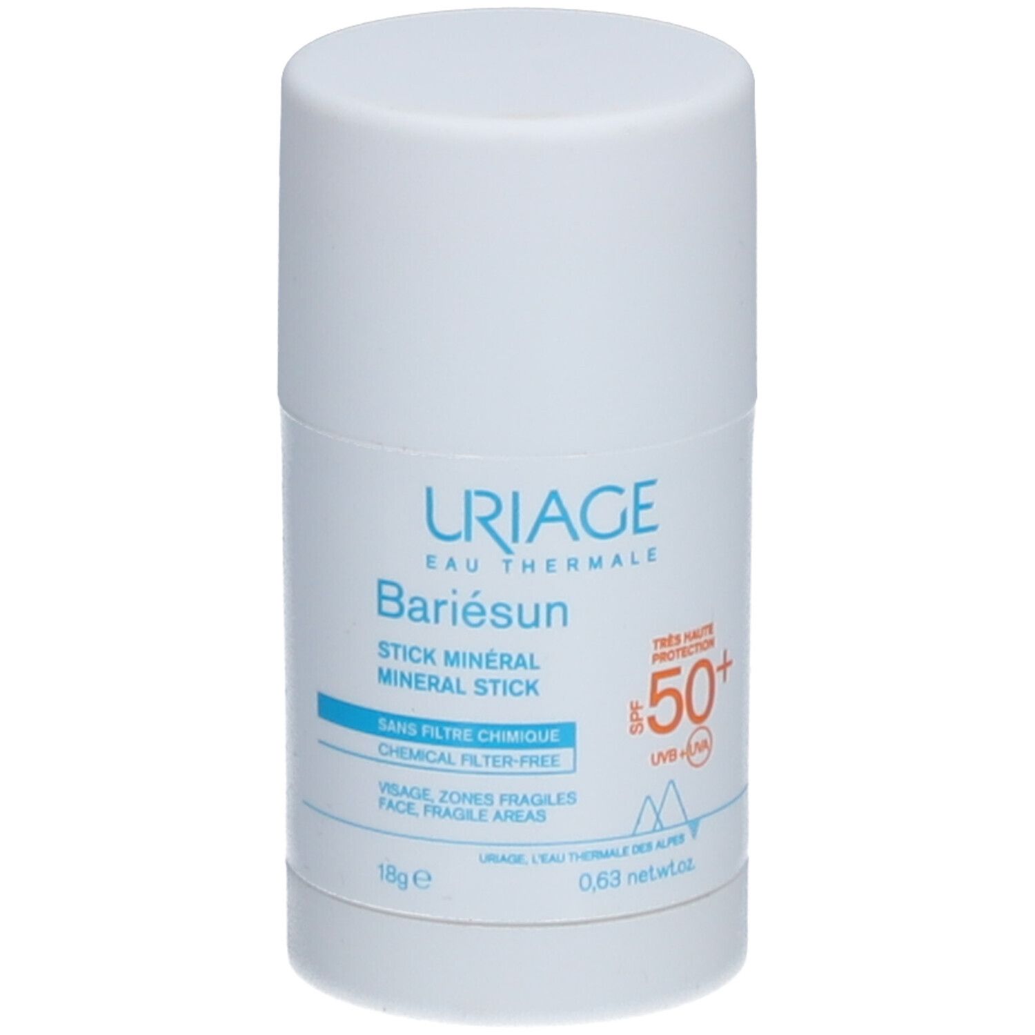 Witte stick met blauwe tekst. Uriage Bariésun Mineral Stick SPF 50+. Zonder chemische filter. 18g e, 0,63 netwt. Hoge bescherming.