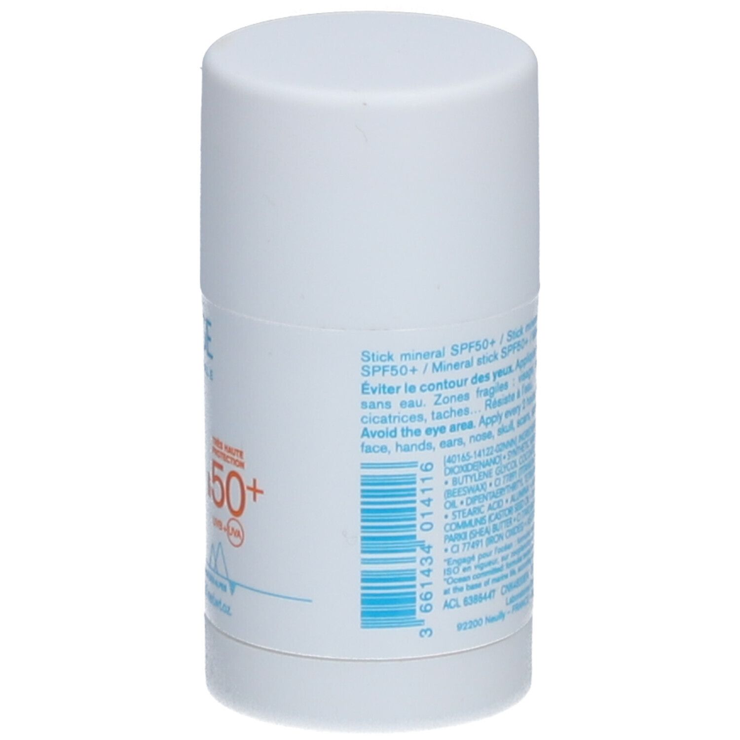 Witte stick. Achterkant met tekst. Uriage Bariésun SPF 50+. Zonder chemische filter. Ingrediënten, toepassing. 3661434014116.