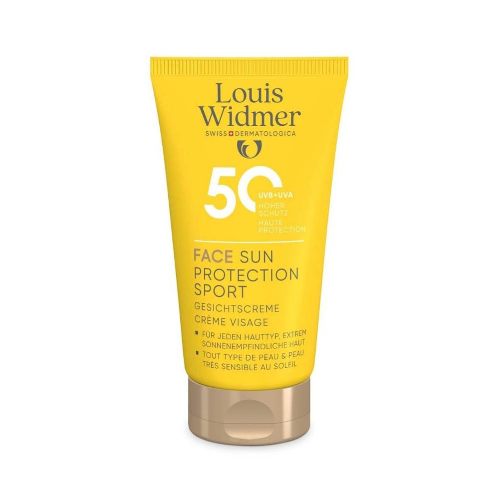Tube jaune Louis Widmer Face Sun Protection Sport SPF50. 50, UV+UVA, haute protection. Crème visage.
