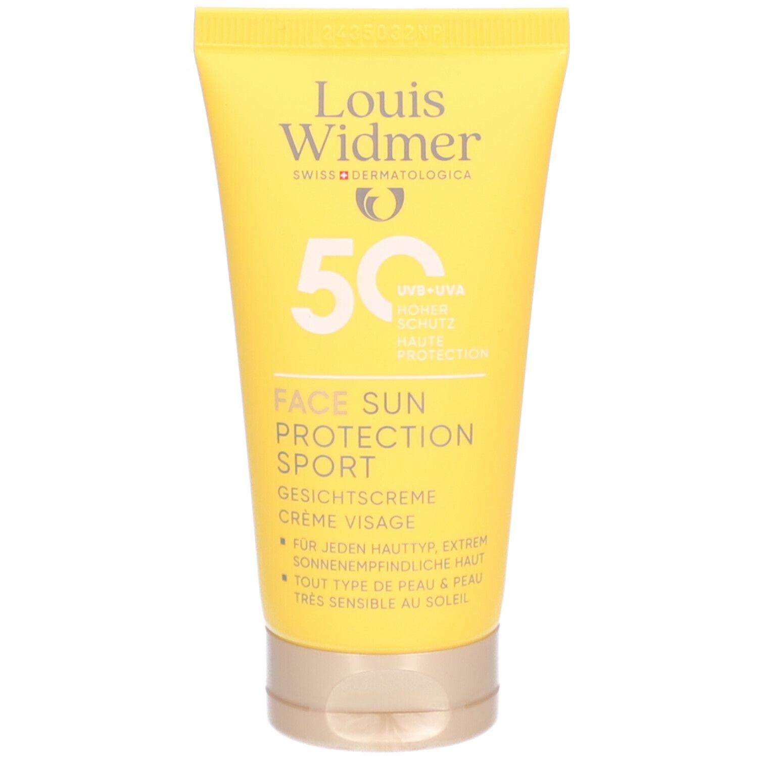 Tube jaune Louis Widmer Face Sun Protection Sport SPF50. 50, UV+UVA, haute protection. Crème visage.