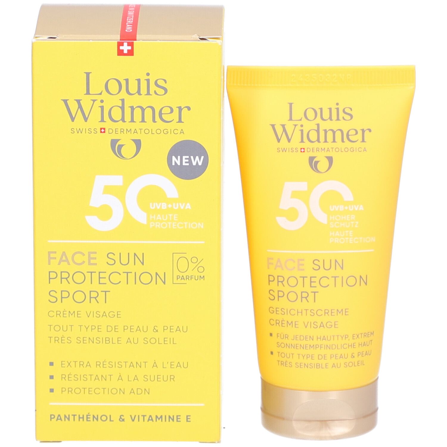 Boîte et tube jaunes Louis Widmer Face Sun Protection Sport SPF50. 50, UV+UVA, 0% parfum. Nouveau.