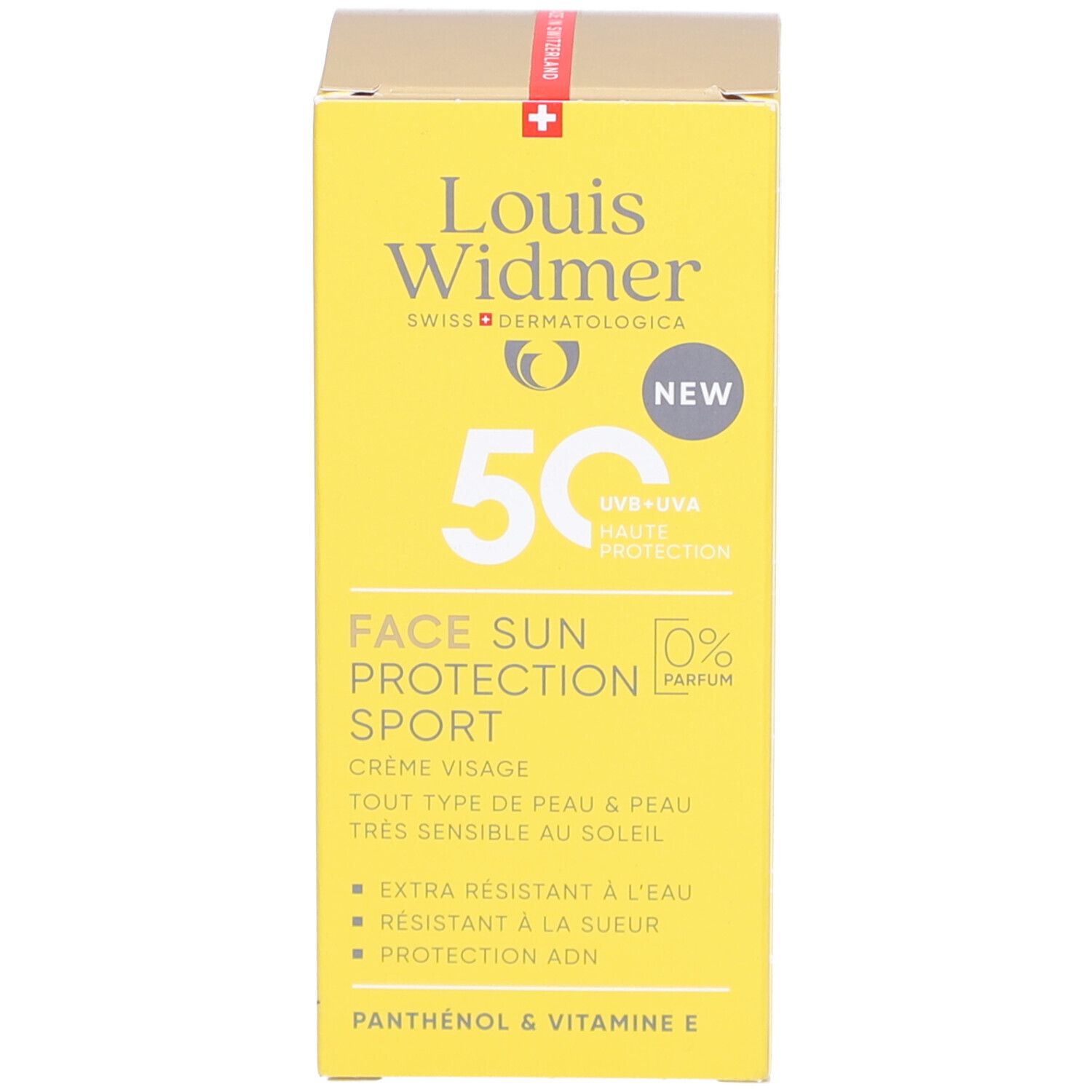 Boîte jaune Louis Widmer Face Sun Protection Sport SPF50. 50, UV+UVA, 0% parfum. Nouveau.