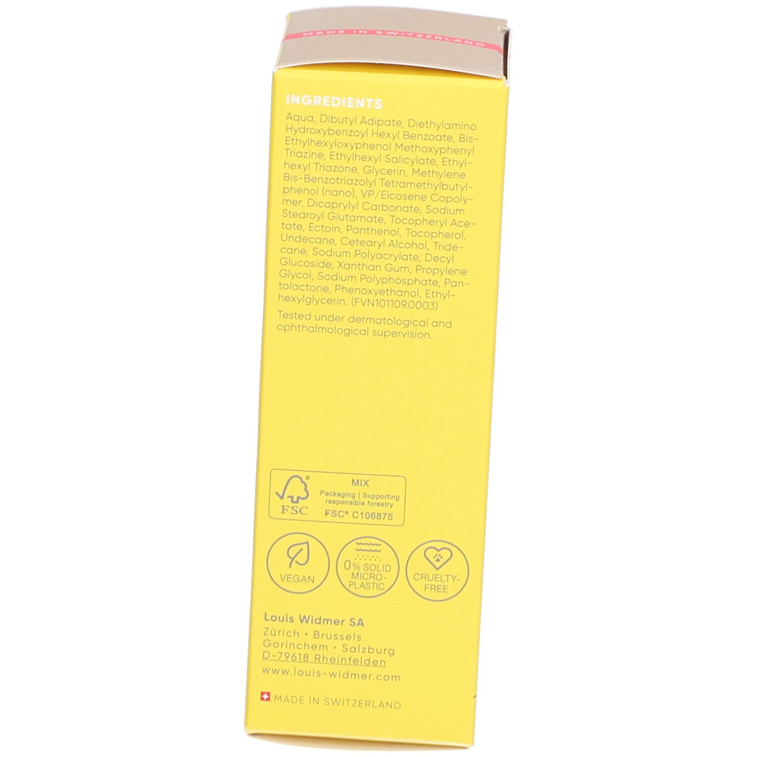 Dos de la boîte jaune Louis Widmer Face Sun Protection Sport SPF50. Ingrédients, certifications.