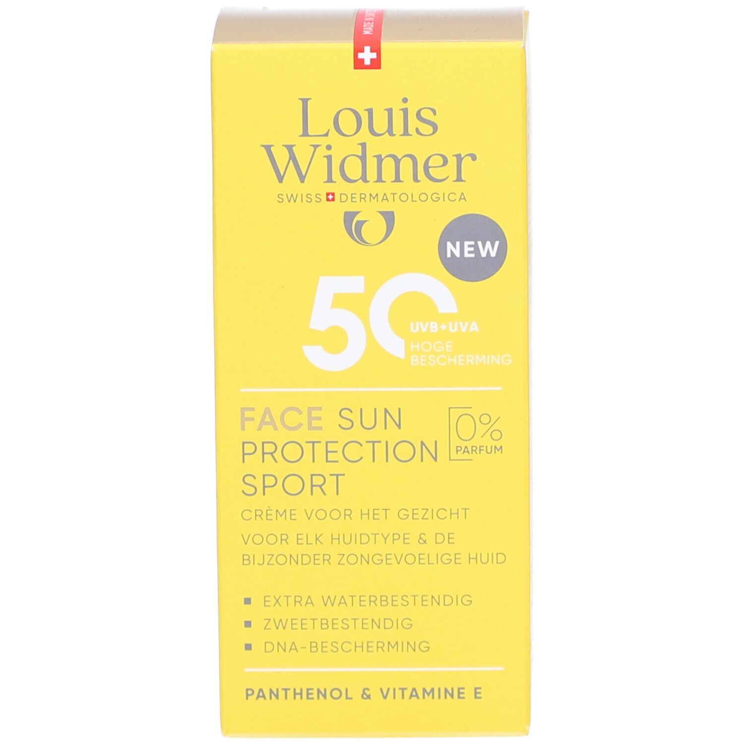 Boîte jaune Louis Widmer Face Sun Protection Sport SPF50. 50, UV+UVA, 0% parfum. Nouveau.