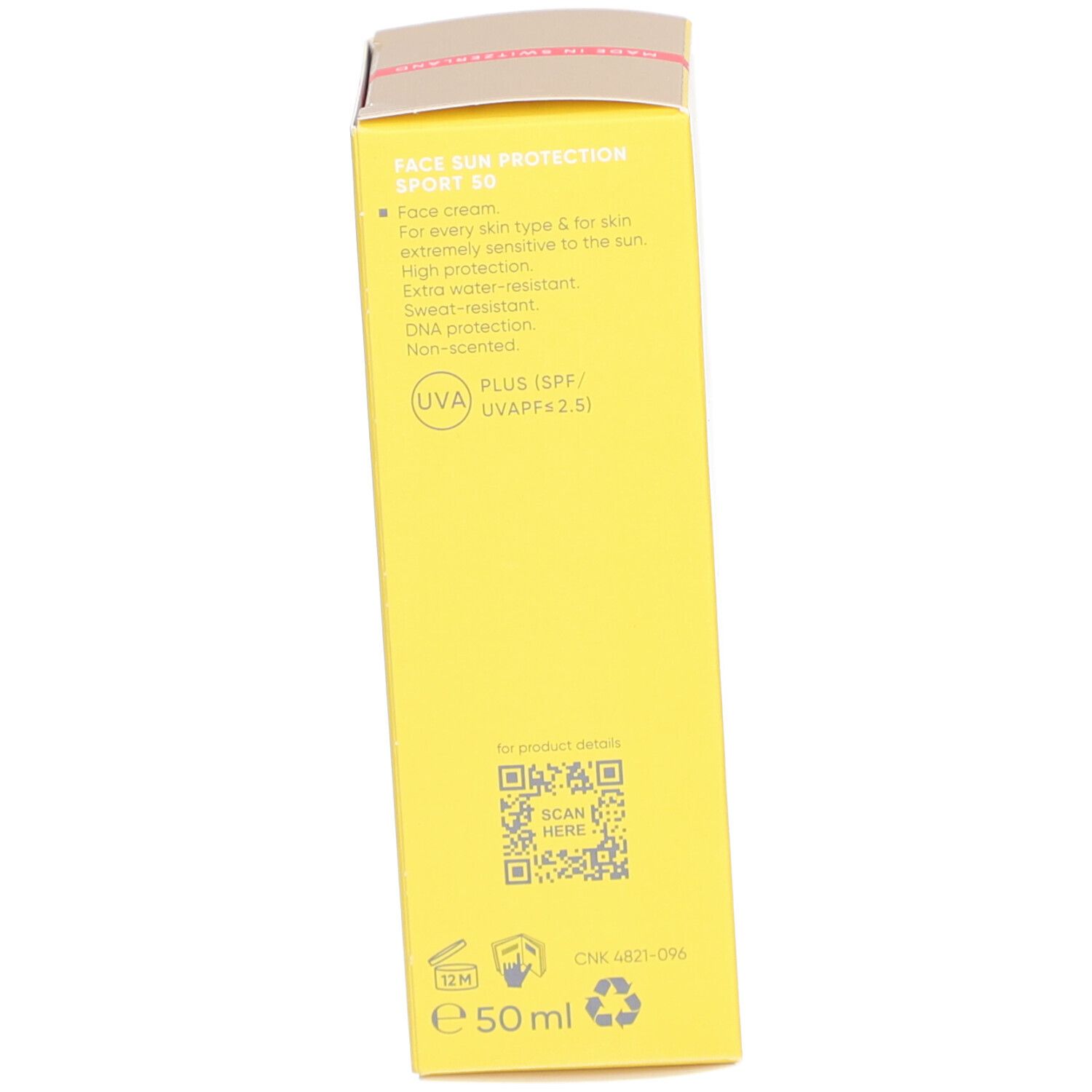 Dos de la boîte jaune Louis Widmer Face Sun Protection Sport SPF50. Texte, code QR, 50 ml.