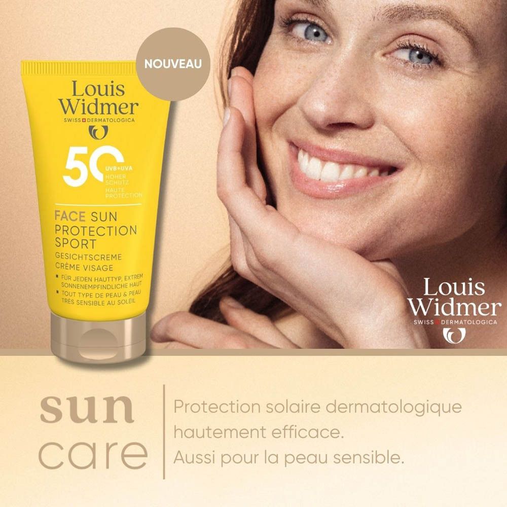 Femme avec tube jaune Louis Widmer Face Sun Protection Sport SPF50. 50, UV+UVA, haute protection. Nouveau.