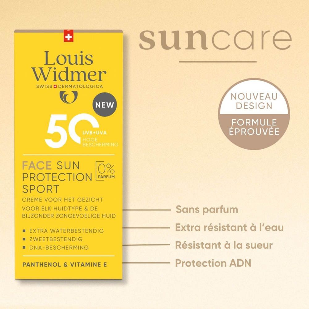 Boîte jaune Louis Widmer Face Sun Protection Sport SPF50. 50, UV+UVA, 0% parfum. Nouveau.