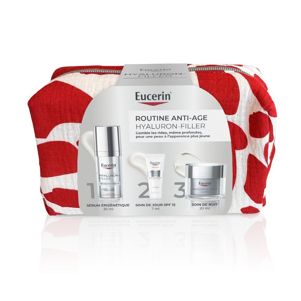 Trousse Eucerin Hyaluron-Filler Routine Anti-Âge. Contient sérum, soin de jour et de nuit. Motif rouge et blanc.