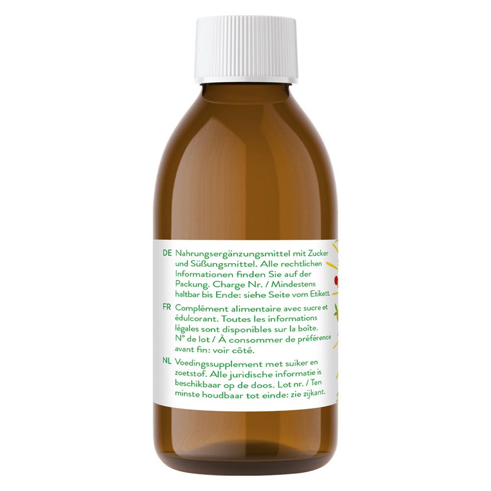Dos d'une bouteille en verre brun avec bouchon blanc. Étiquette avec texte en allemand, français et néerlandais.