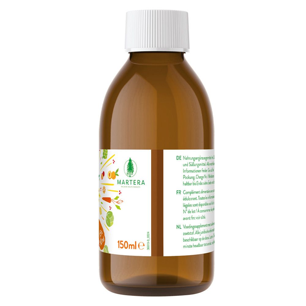 Dos d'une bouteille en verre brun avec bouchon blanc. Étiquette Martera et texte en allemand, français et néerlandais. 150ml.