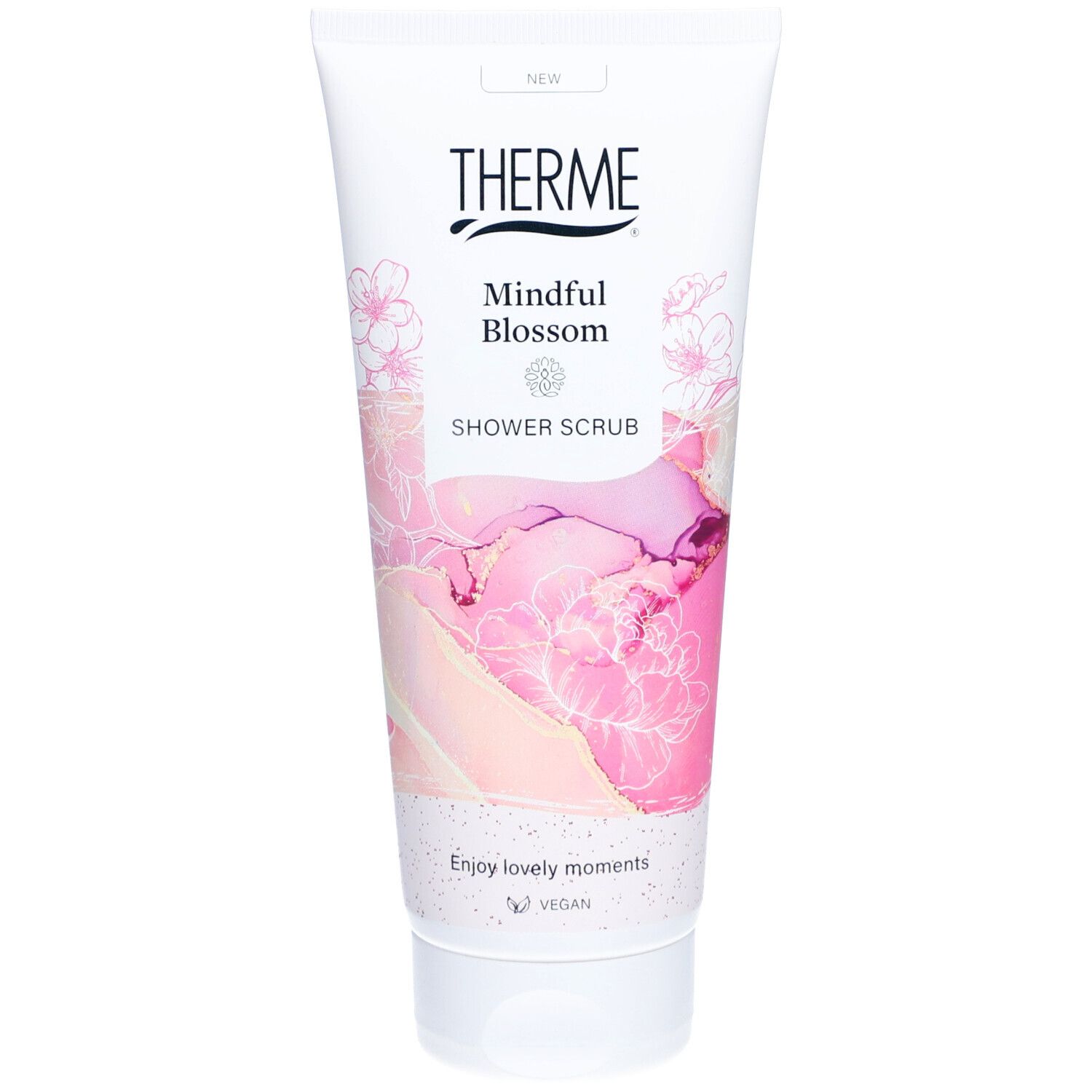 Produktreihe von Therme Mindful Blossom. Enthält verschiedene Produkte, darunter Duschpeeling und Body Butter.