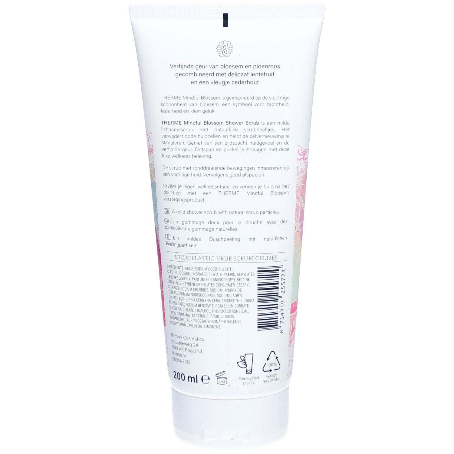 Produktreihe von Therme Mindful Blossom. Enthält verschiedene Produkte, darunter Duschpeeling und Duftstäbchen.