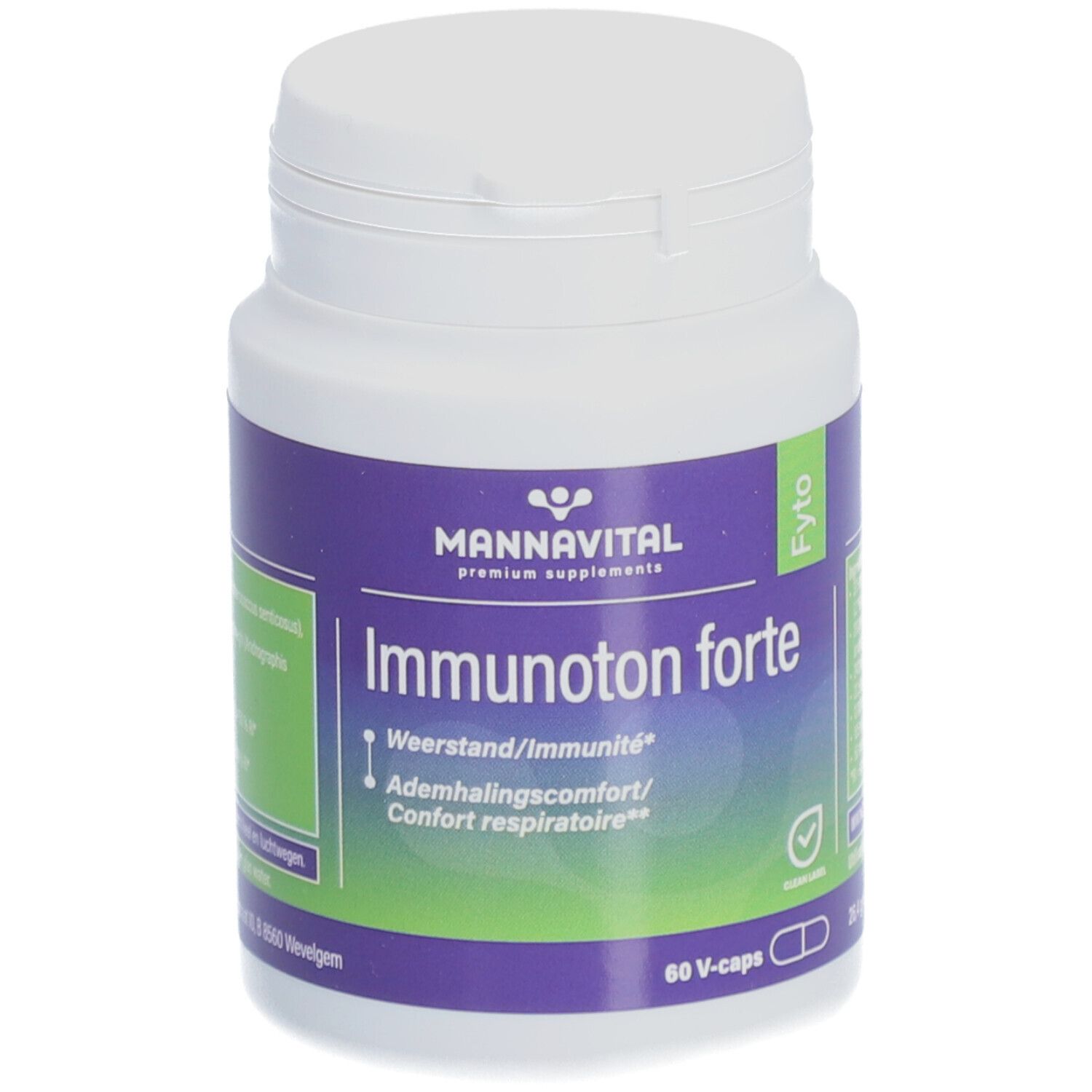 Flacon blanc de Mannavital Immunoton forte. Étiquette violette. Contient des gélules. Texte: Immunoton forte, Weerstand/Immunité, Confort respiratoire. 60 V-caps.