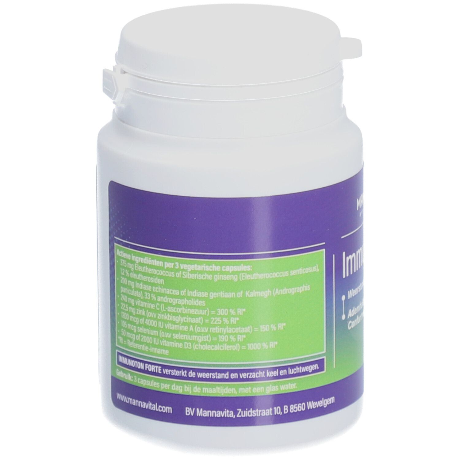Dos du flacon blanc de Mannavital Immunoton forte. Étiquette violette avec ingrédients. Texte: Immunoton forte, Weerstand/Immunité, Confort respiratoire.