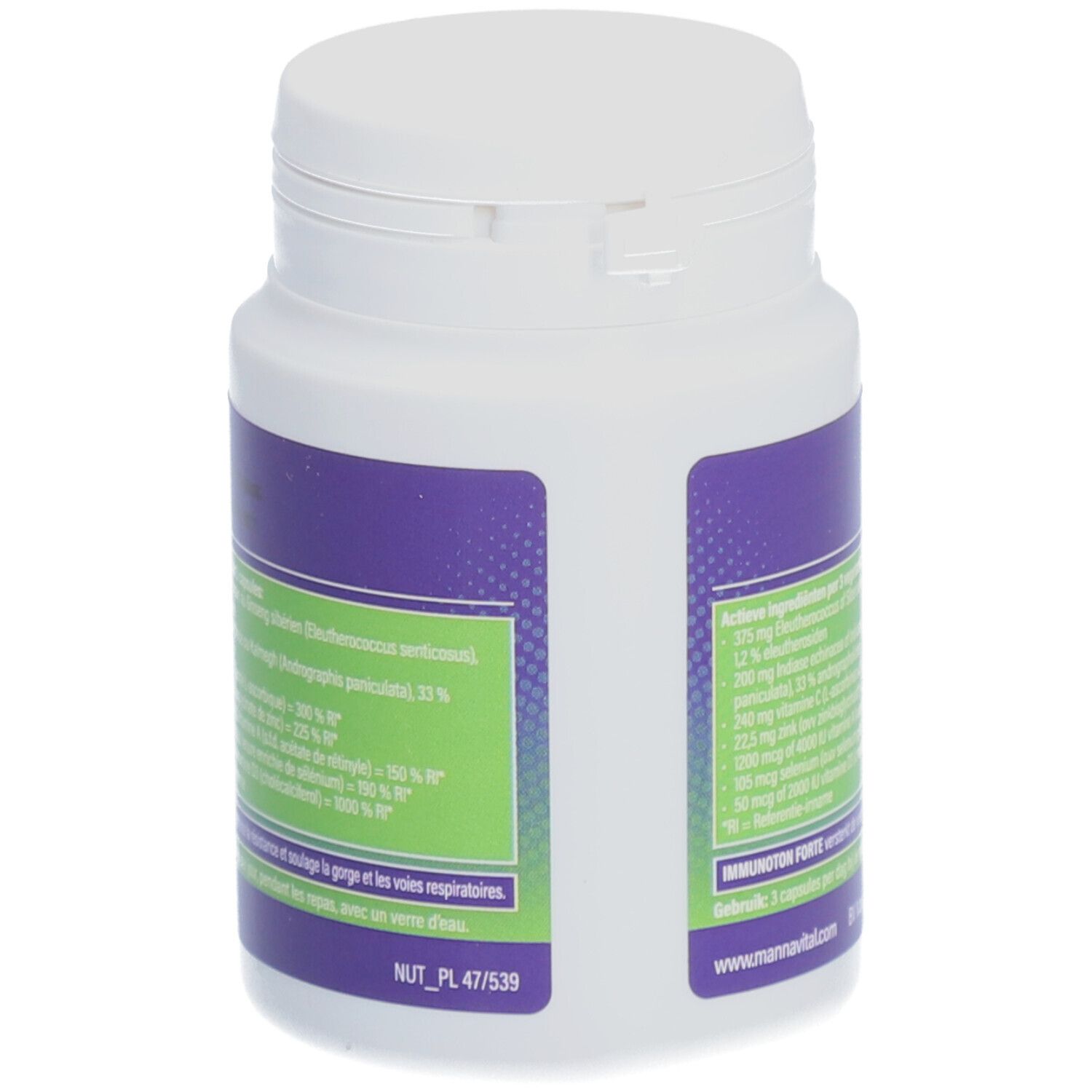 Dos du flacon blanc de Mannavital Immunoton forte. Étiquette violette avec ingrédients. Texte: Immunoton forte, Weerstand/Immunité, Confort respiratoire.