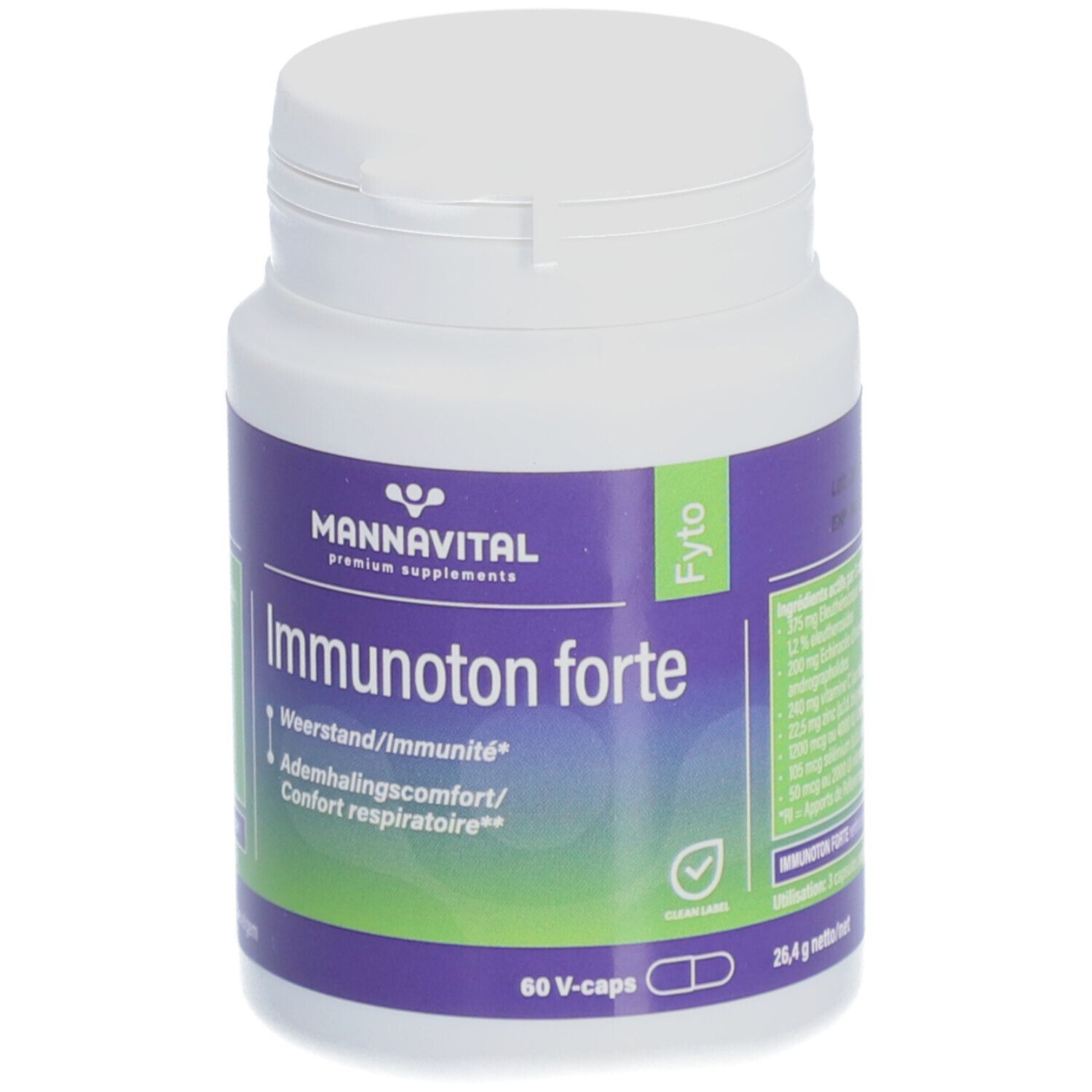 Flacon blanc de Mannavital Immunoton forte. Étiquette violette. Texte: Immunoton forte, Weerstand/Immunité, Confort respiratoire. 60 V-caps. Date d'expiration.