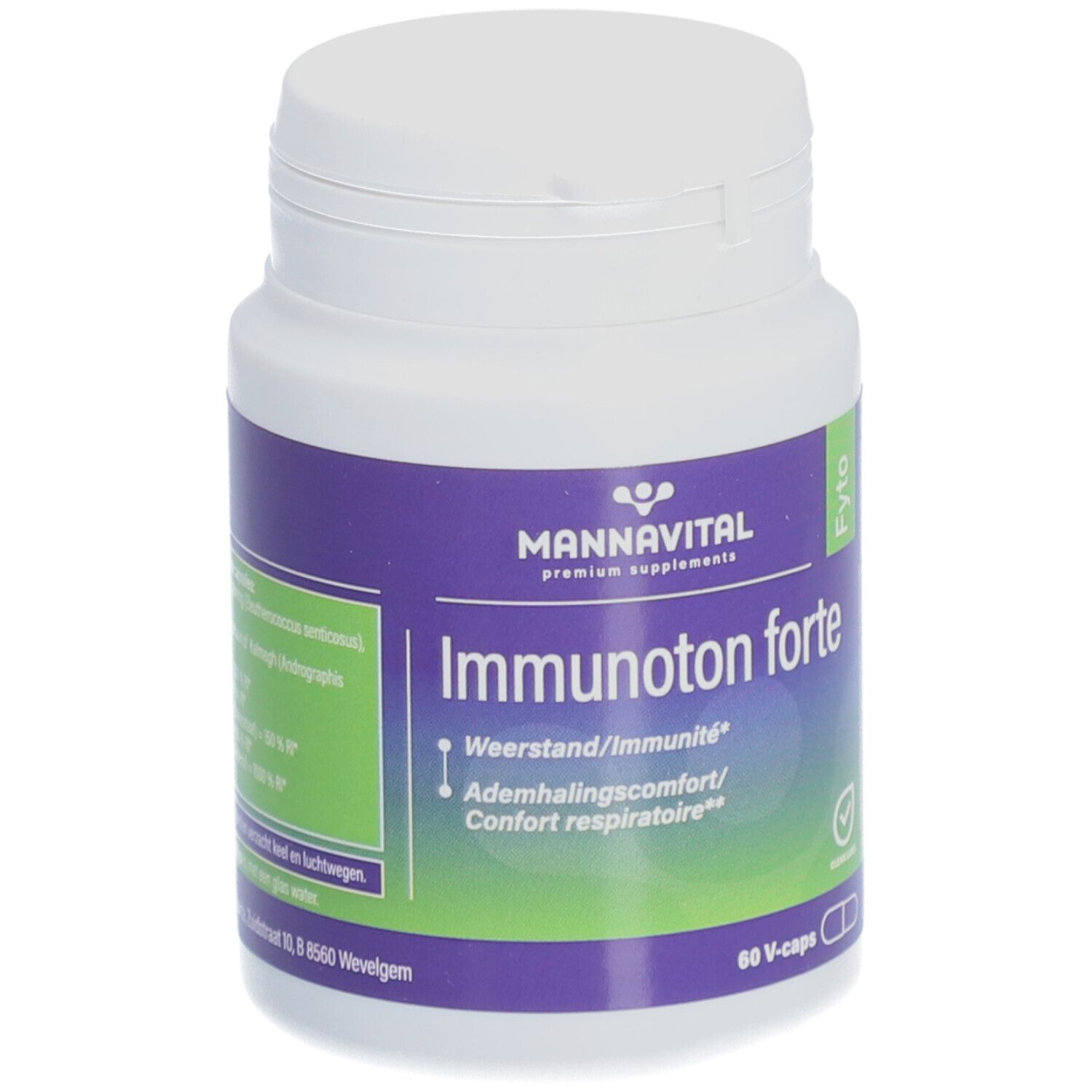 Flacon blanc de Mannavital Immunoton forte. Étiquette violette. Texte: Immunoton forte, Weerstand/Immunité, Confort respiratoire. 60 V-caps. Poids net 26,4 g.