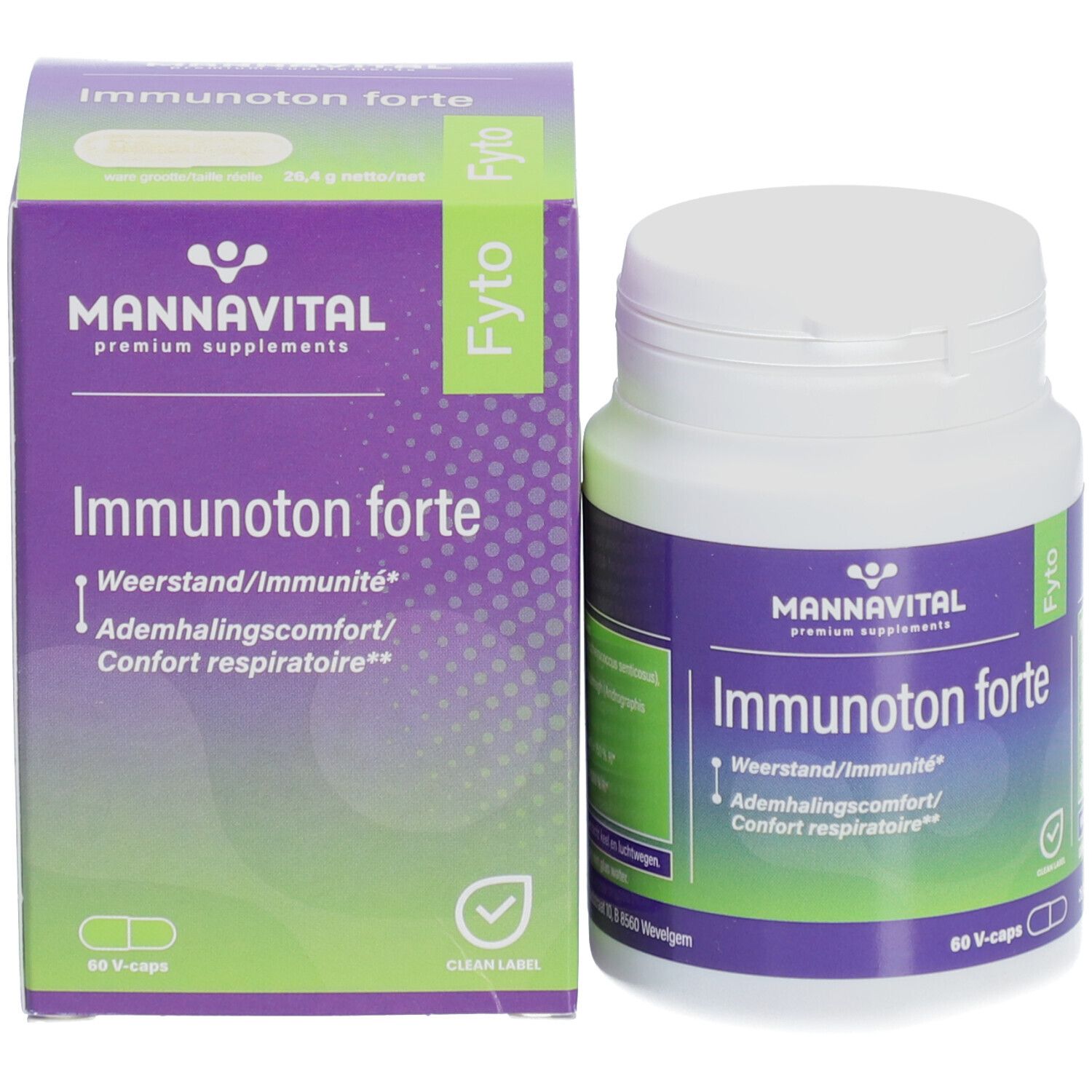 Flacon et boîte Mannavital Immunoton forte. Violet, blanc et vert. Texte: Immunoton forte, Weerstand/Immunité, Confort respiratoire. 60 V-caps.