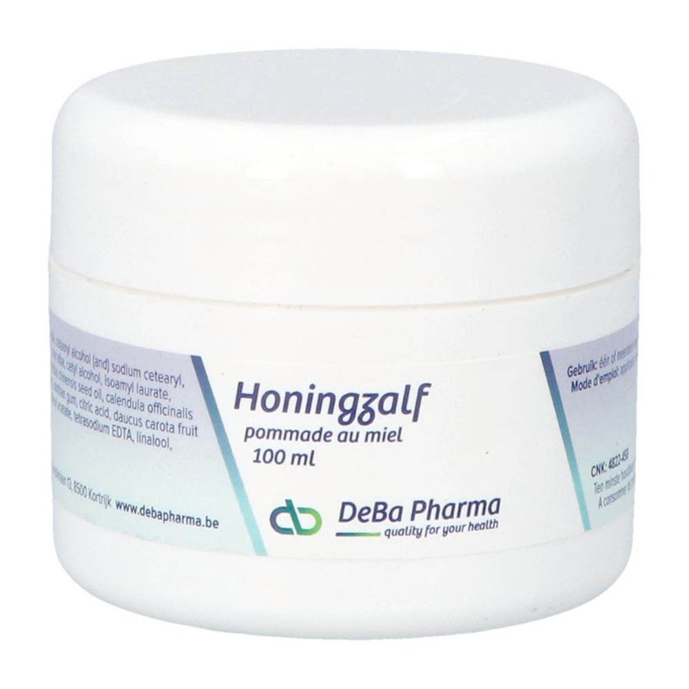 Witte crème pot met etiket. Opschrift: Honingzalf pommade au miel, 100 ml. Merk: DeBa Pharma.