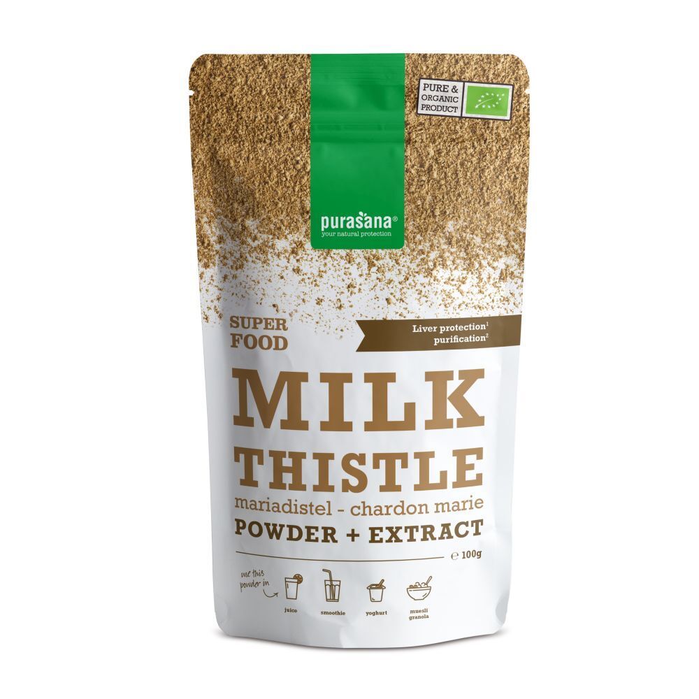 Sachet de poudre et extrait de chardon-marie. Marque Purasana. Label bio. Texte : Milk Thistle, chardon marie, Powder + Extract.