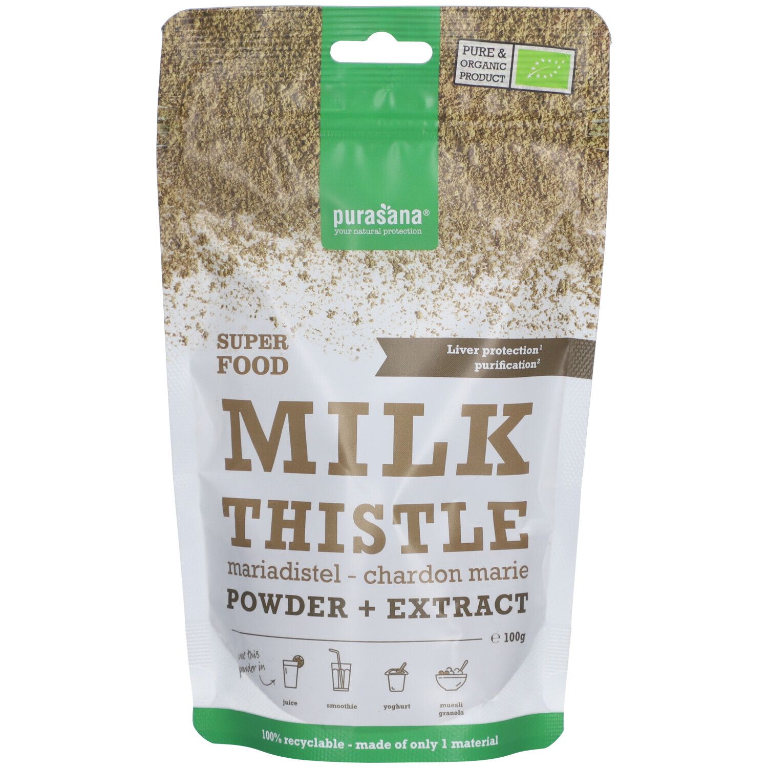 Sachet de poudre et extrait de chardon-marie. Marque Purasana. Label bio. Texte : Milk Thistle, chardon marie, Powder + Extract.
