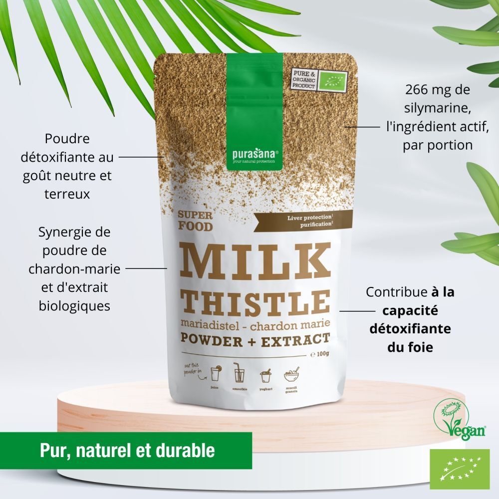 Paquet de poudre et extrait de chardon-marie. Purasana. Label vegan. Texte : Milk Thistle, chardon marie, Powder + Extract.