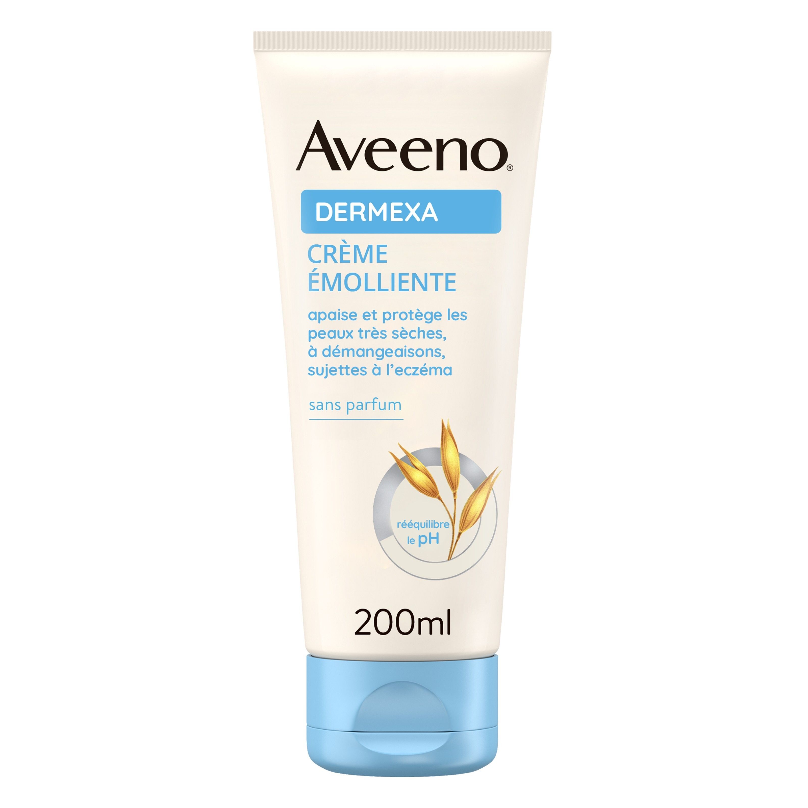 Tube Aveeno Dermexa, crème émolliente. 200ml. Bleu et blanc. Sans parfum.