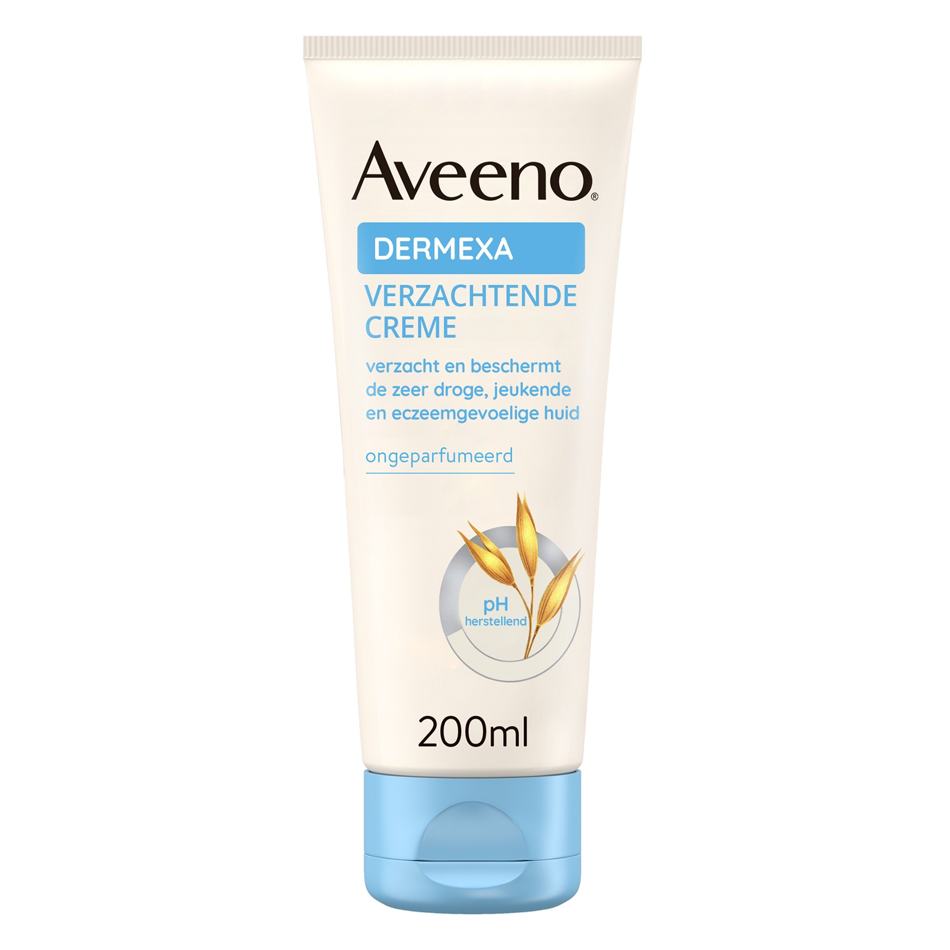 Aveeno Dermexa crème. Witte tube met blauwe dop. 200 ml. Zonder parfum.