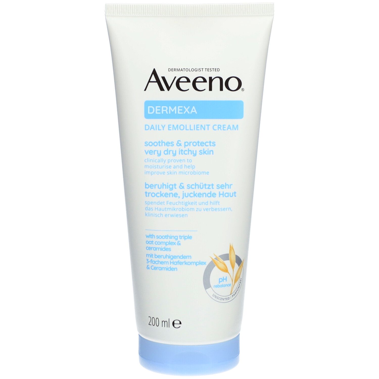 Aveeno Dermexa crème. Witte tube met blauwe dop. 200 ml. pH-gebalanceerd.