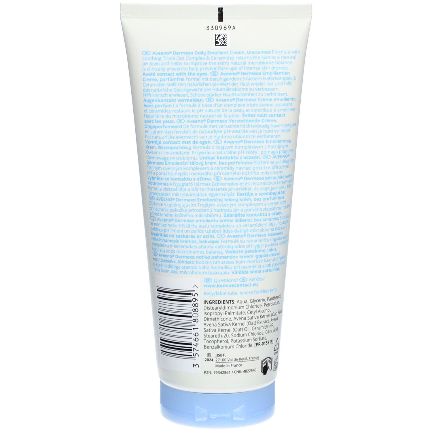Achterkant van de Aveeno Dermexa tube. Ingrediënten en informatie.