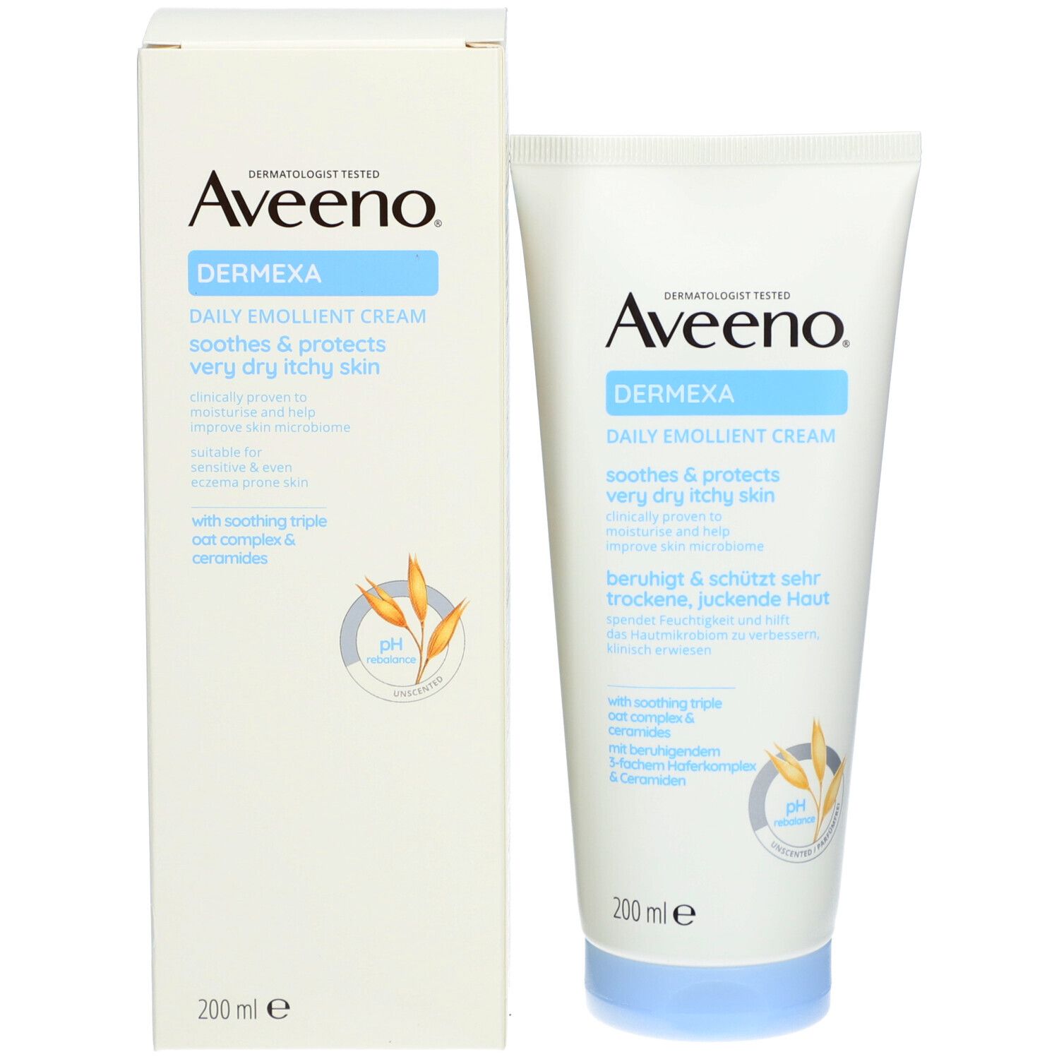 Aveeno Dermexa crème en verpakking. Witte tube en doos. 200 ml.
