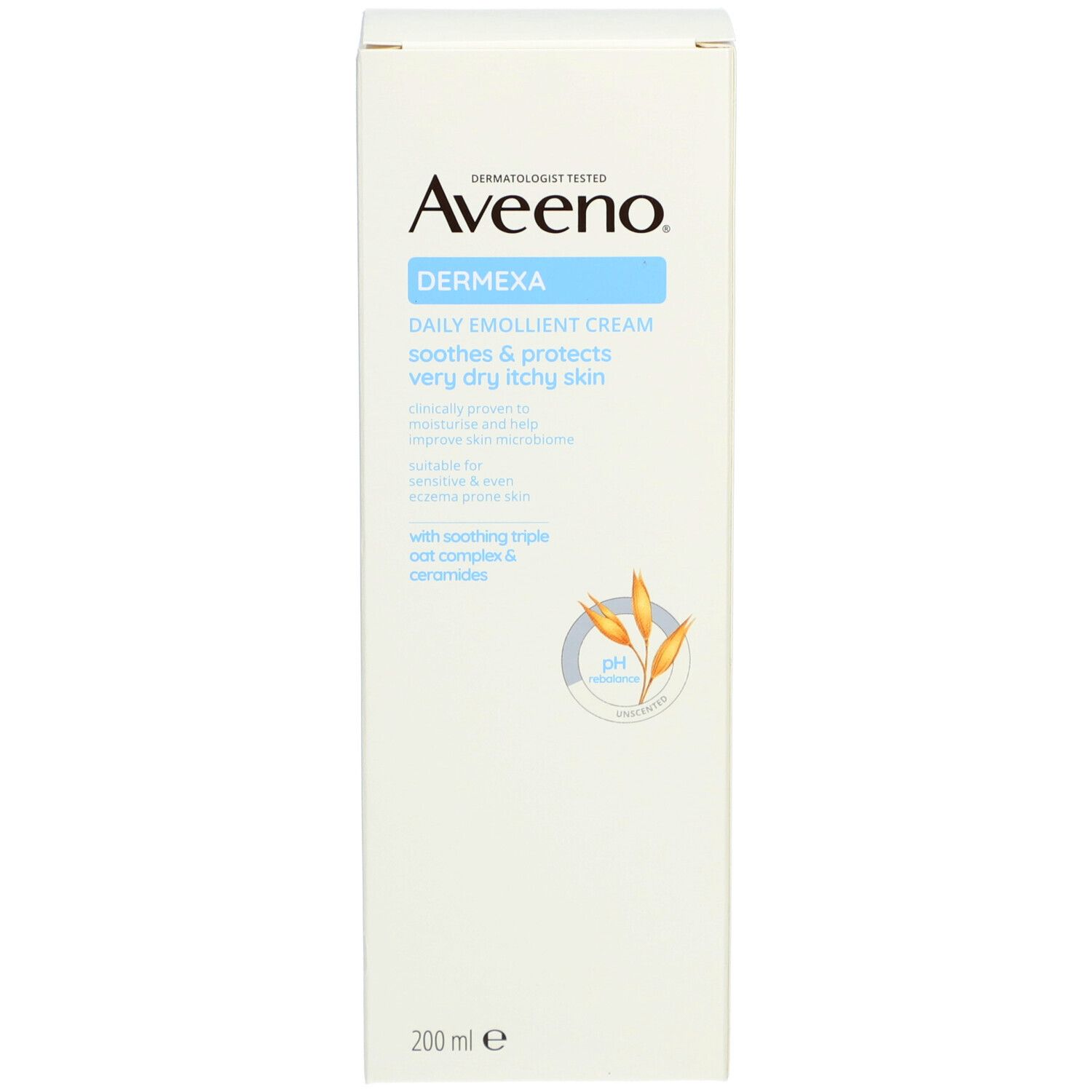 Aveeno Dermexa crème verpakking. Witte doos met productinformatie.
