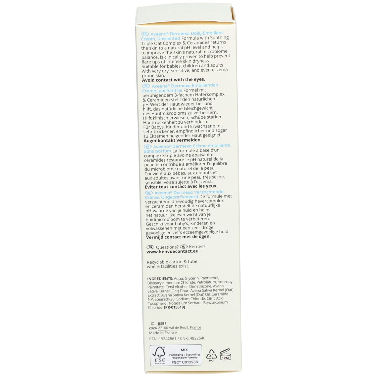 Achterkant van de Aveeno Dermexa verpakking. Ingrediënten en info.