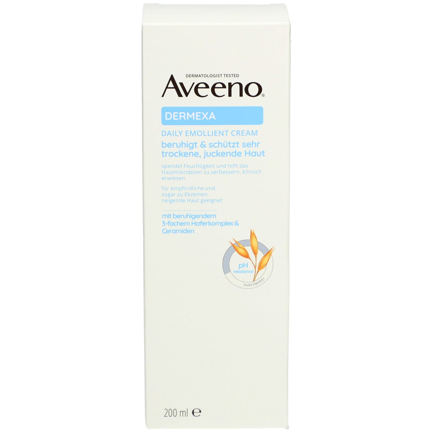 Aveeno Dermexa crème verpakking. Witte doos met productinformatie.
