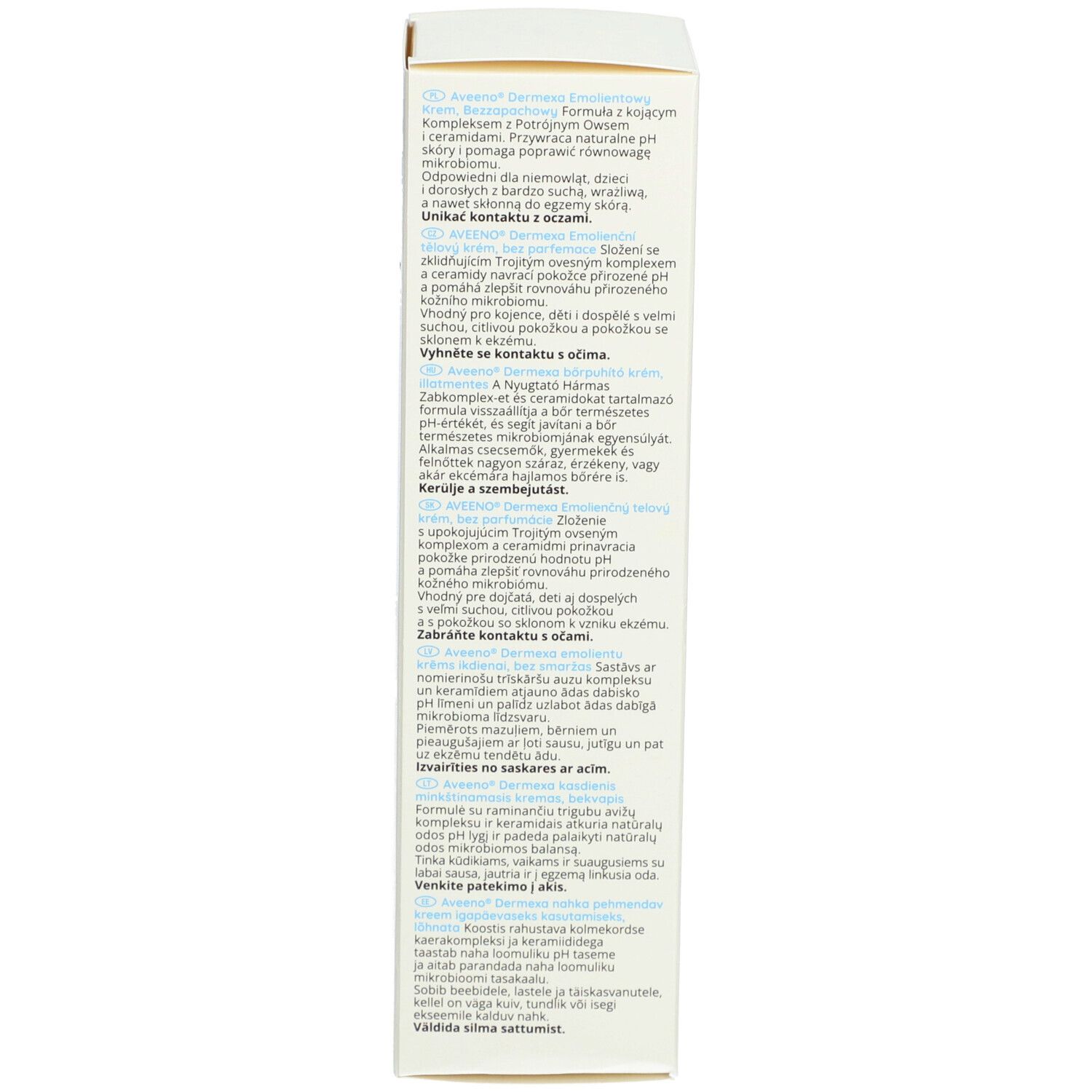 Achterkant van de Aveeno Dermexa verpakking. Ingrediënten en info.