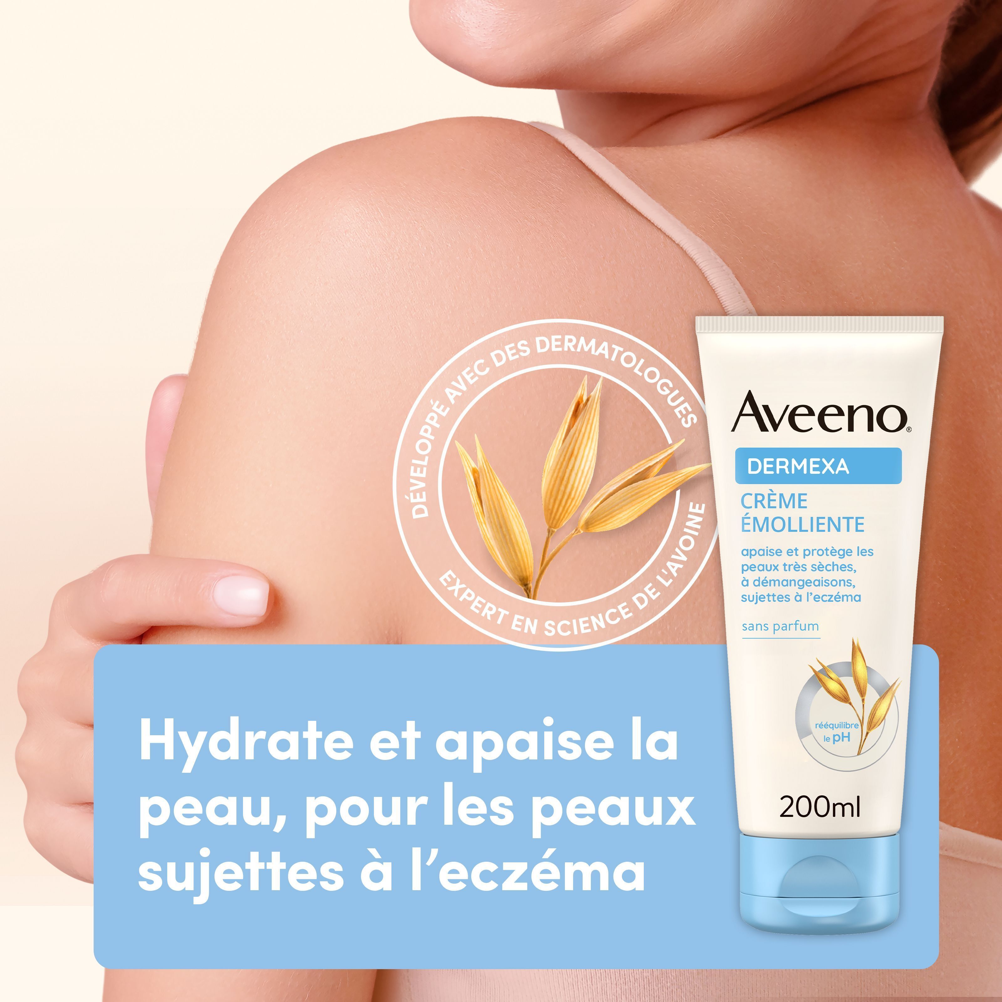Femme et tube Aveeno Dermexa. Crème émolliente. 200ml. Sans parfum.