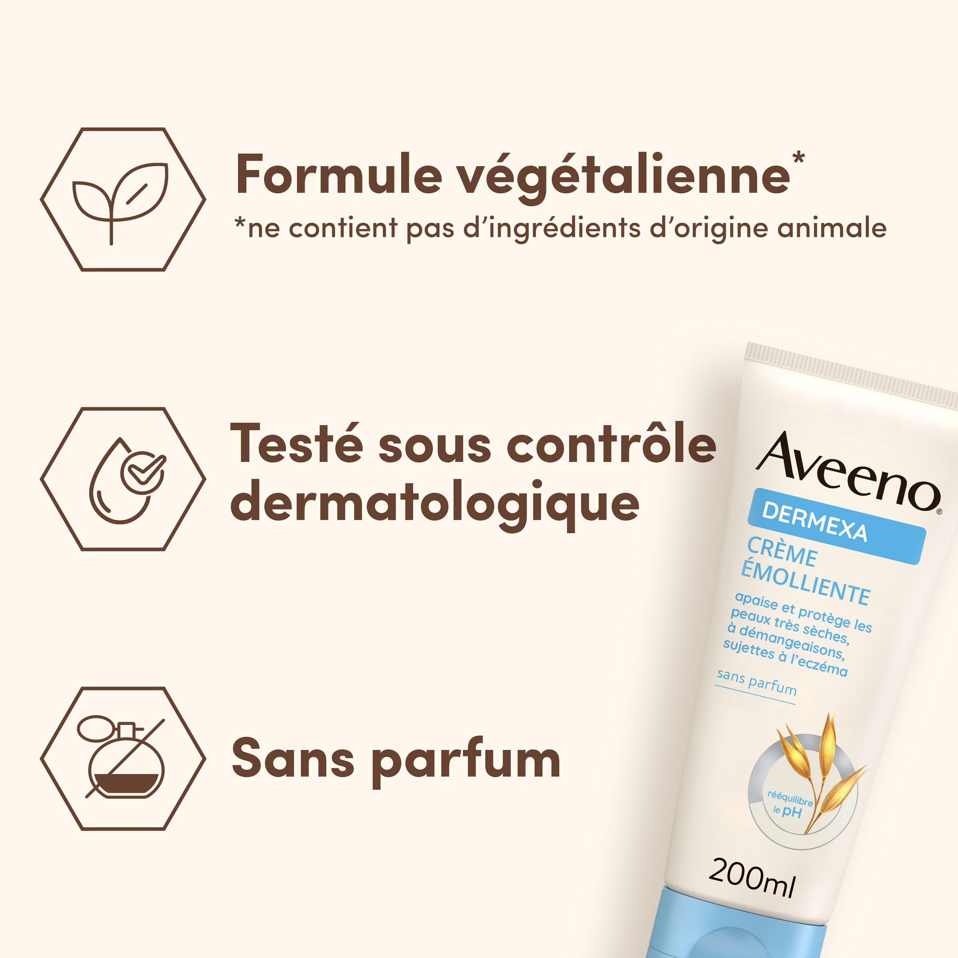 Aveeno Dermexa crème. Formule végétalienne, testée. Sans parfum.
