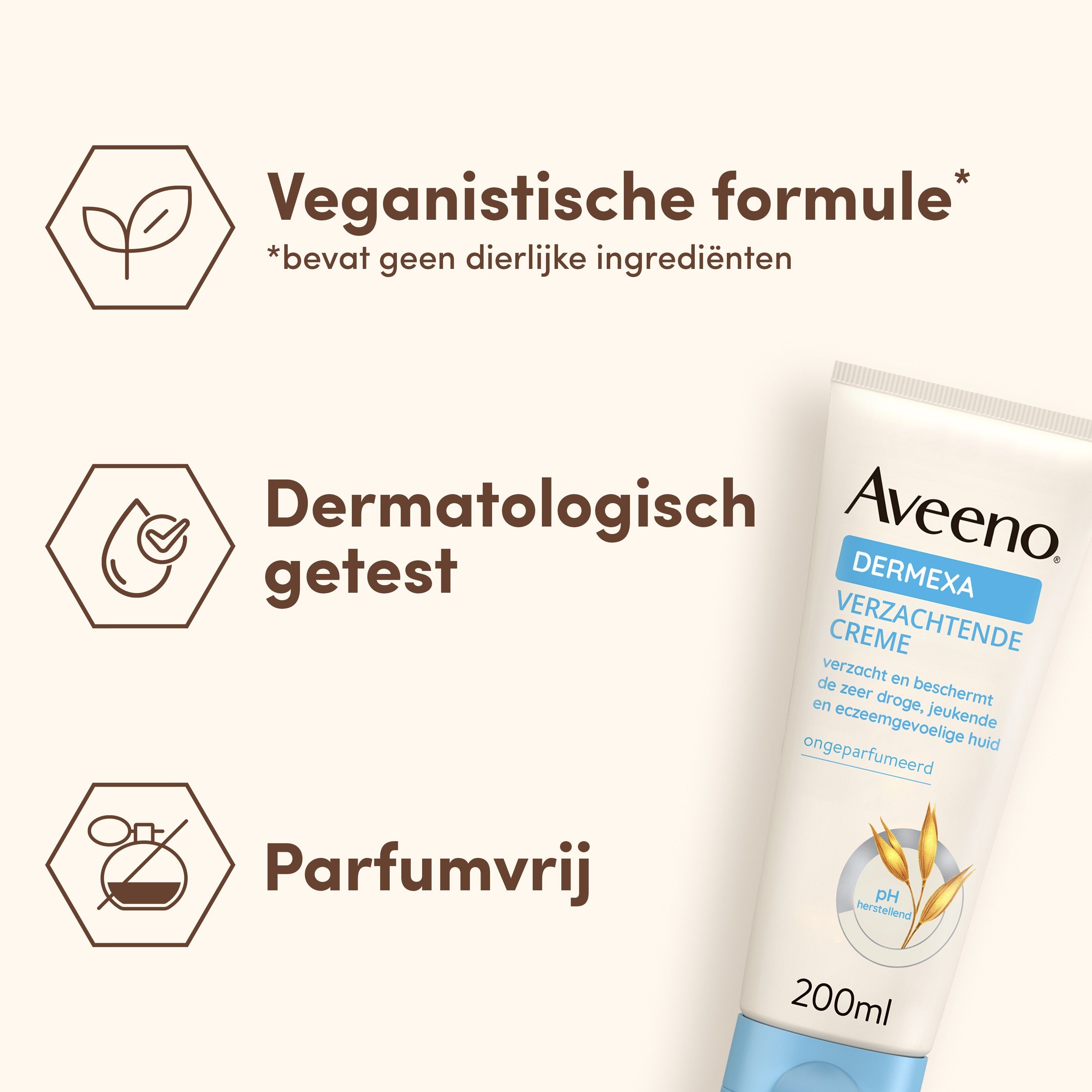 Aveeno Dermexa crème. Veganistische formule, dermatologisch getest. Zonder parfum.