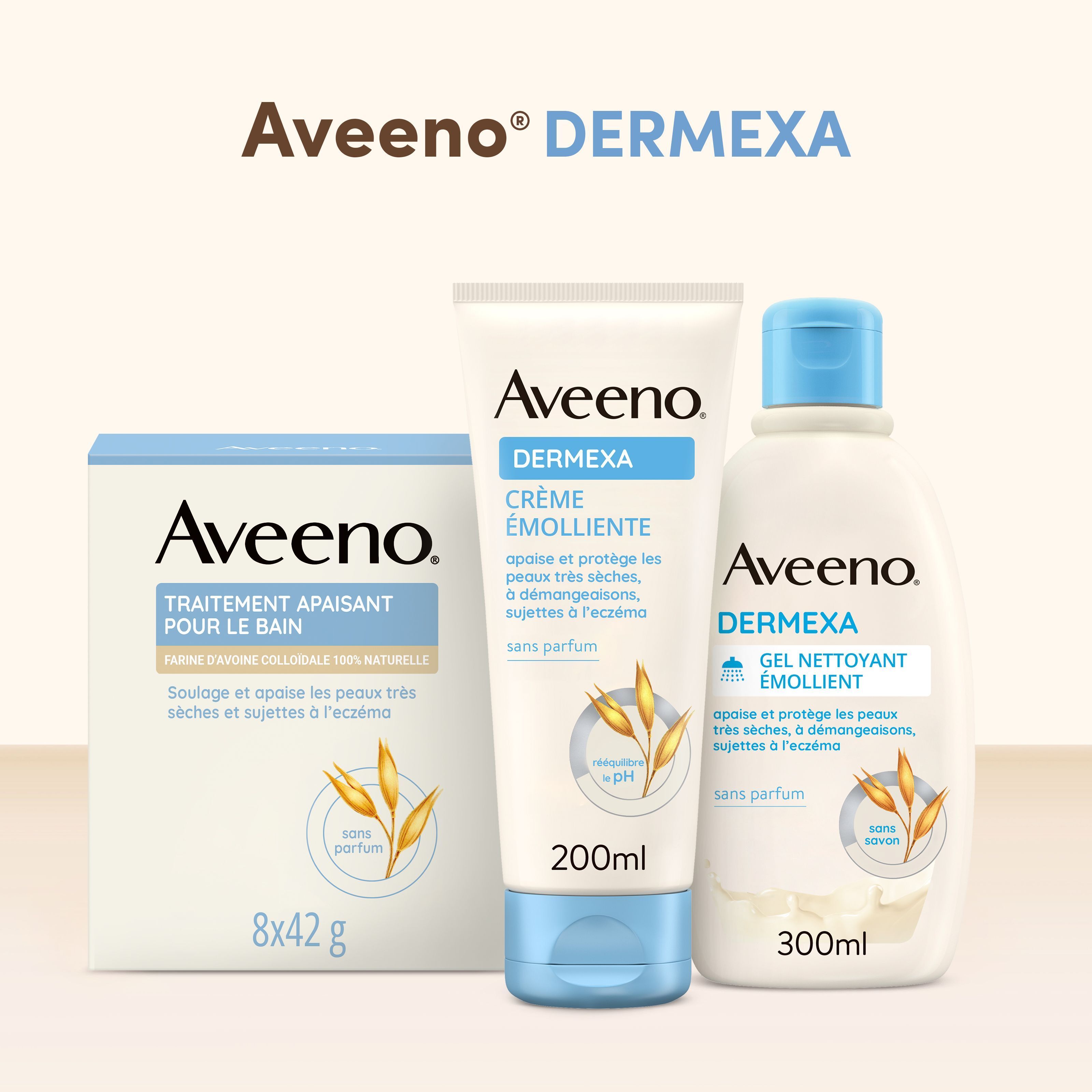 Gamme Aveeno Dermexa. Crème, bain, gel douche. Sans parfum.