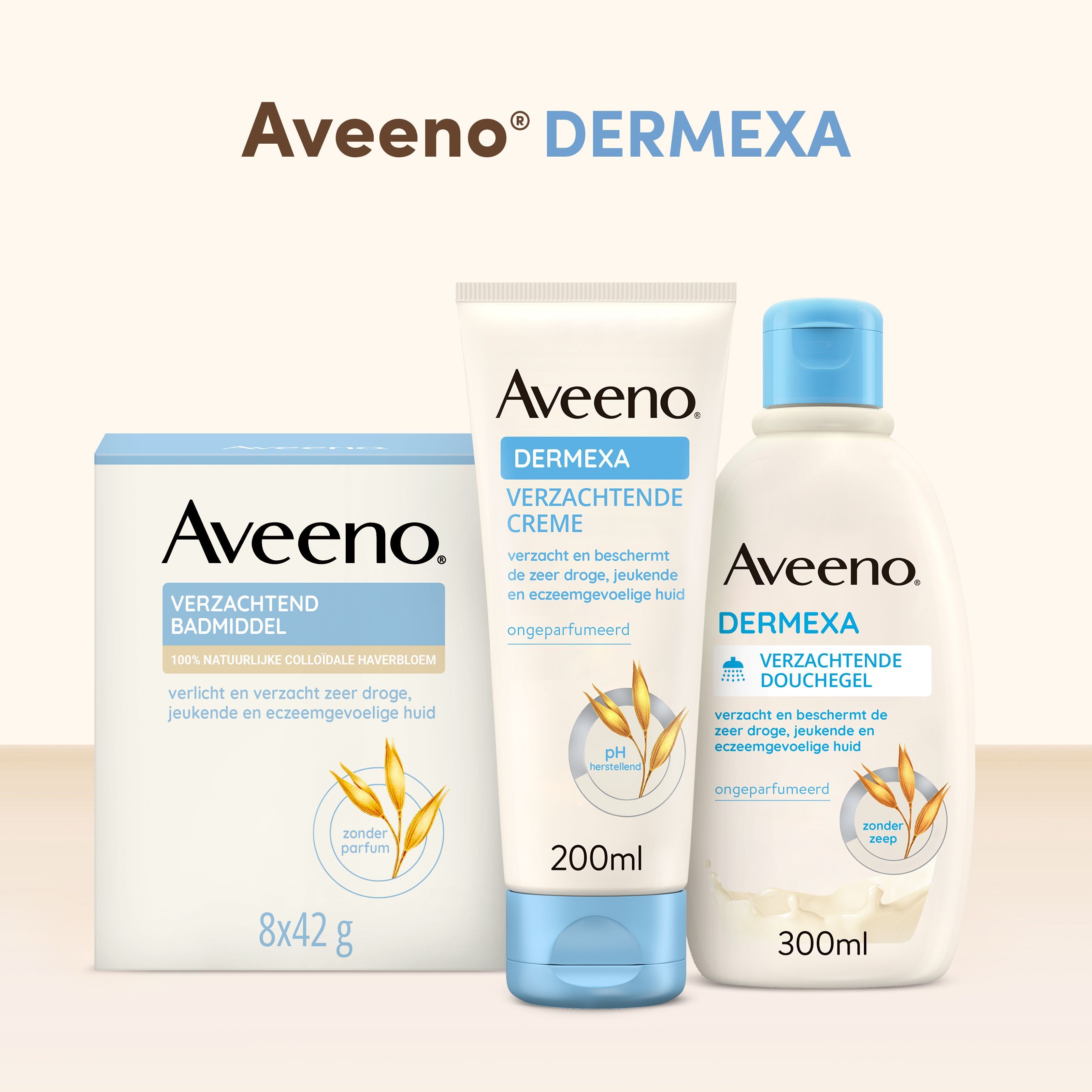 Aveeno Dermexa productlijn. Crème, badmiddel, douchegel. Zonder parfum.