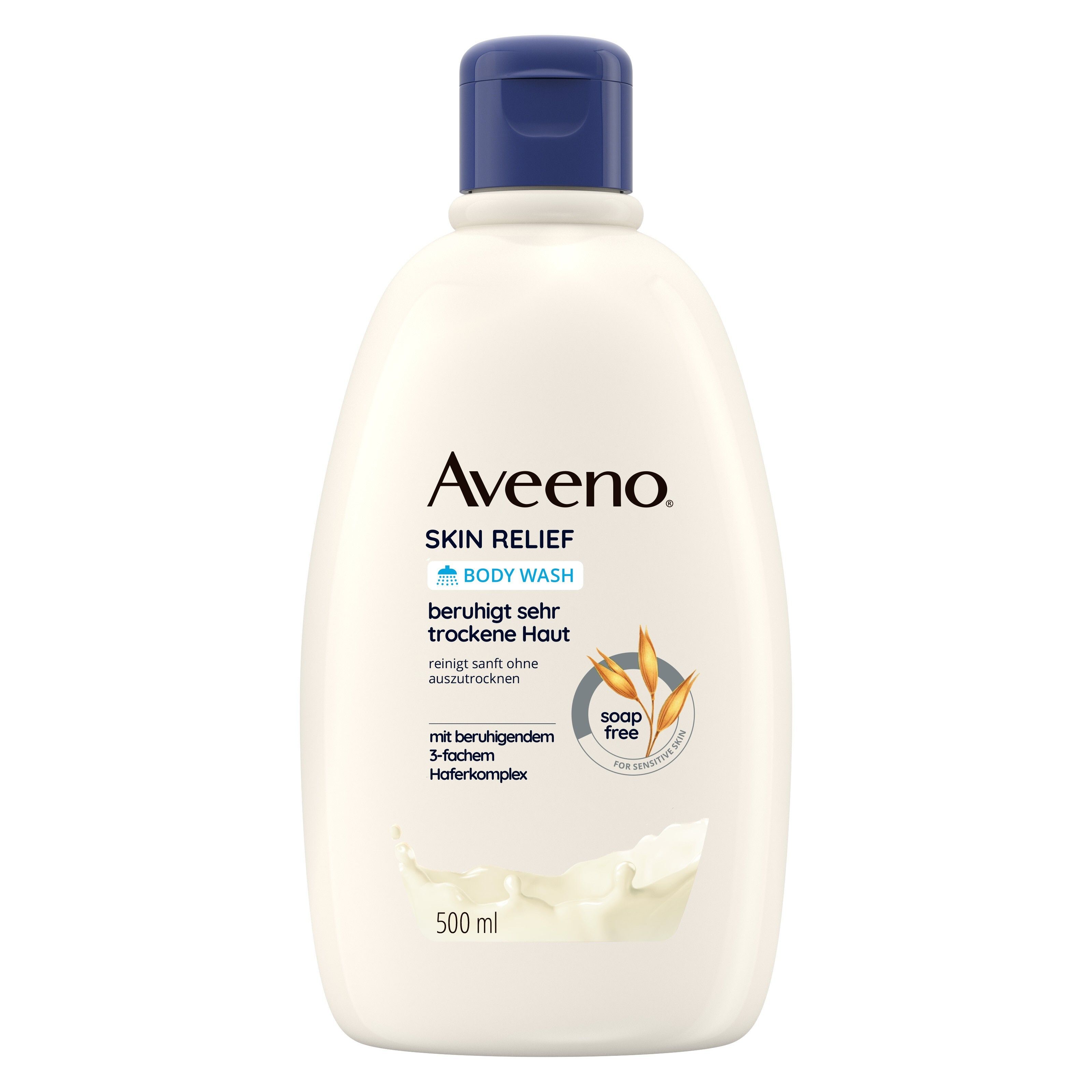 Witte fles Aveeno Skin Relief douchegel met blauwe dop. Opschrift: Body Wash, verzacht de zeer droge huid.